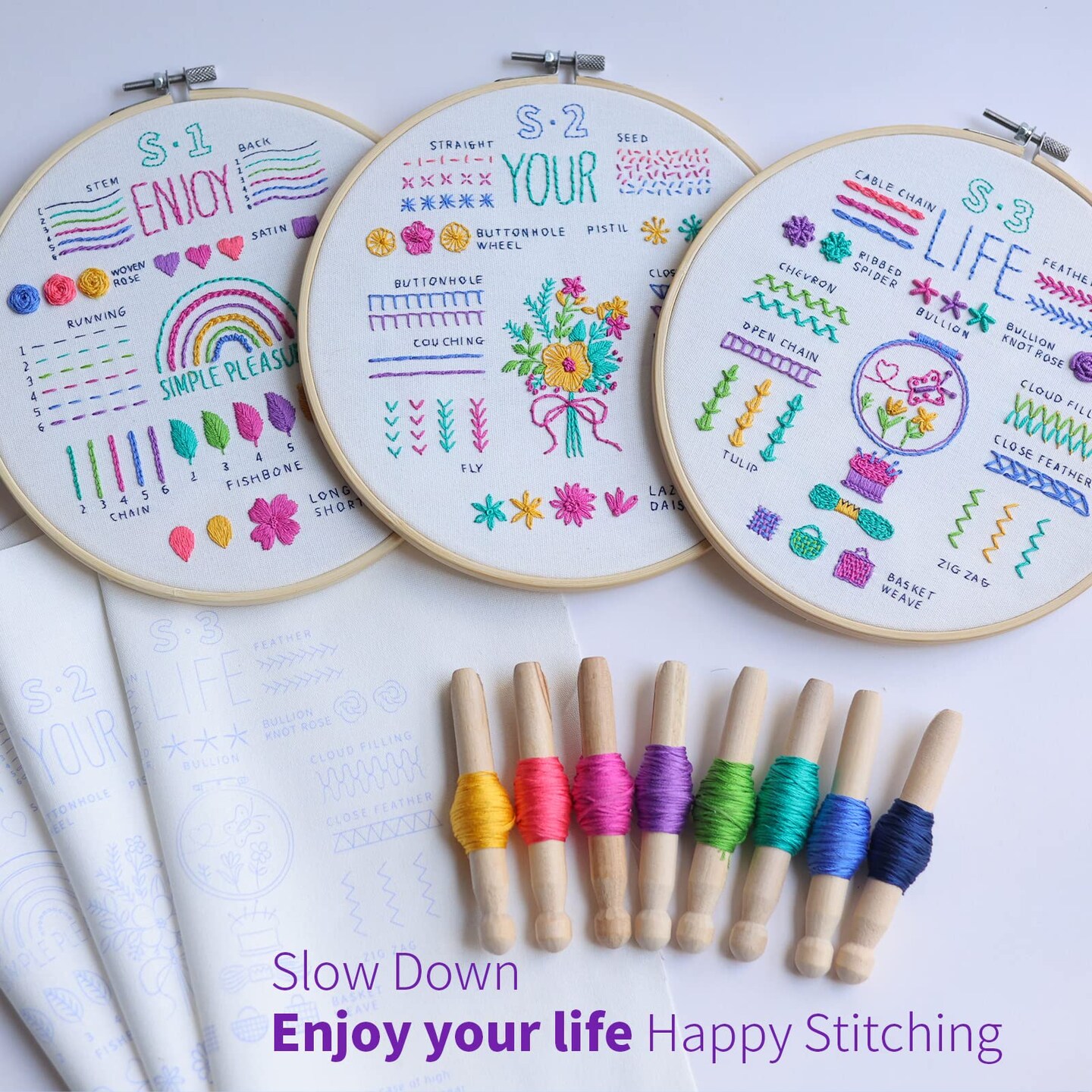 ETSPIL 3 Pack Embroidery Kit for Beginners and Adults,Learn 33 Stitches with DIY Stamped Flower Patterns &#x2013; Includes Hoop, Color Threads, Tools, and Step-by-Step Instructions with Video Tutorials