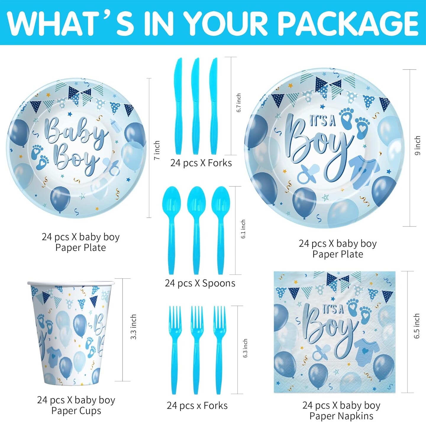 Baby Shower Party Supplies for Boy - Blue Balloons, Paper Plates, Napkins