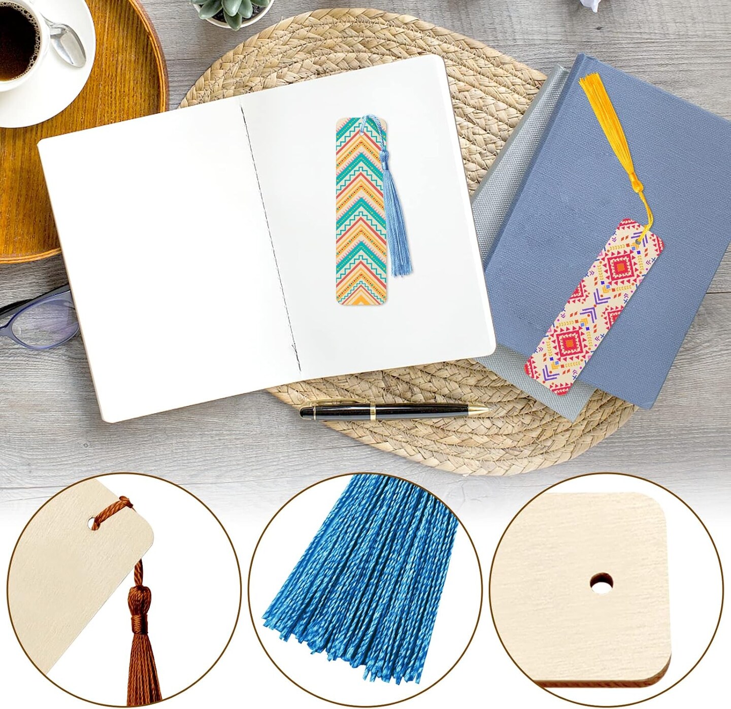 50pcs Unfinished Wooden Bookmarks with 50 Colorful Tassels – DIY Bookmark Craft Kit for Painting, Wedding, Birthday Party Decorations (4.8 x 1.3 Inch)