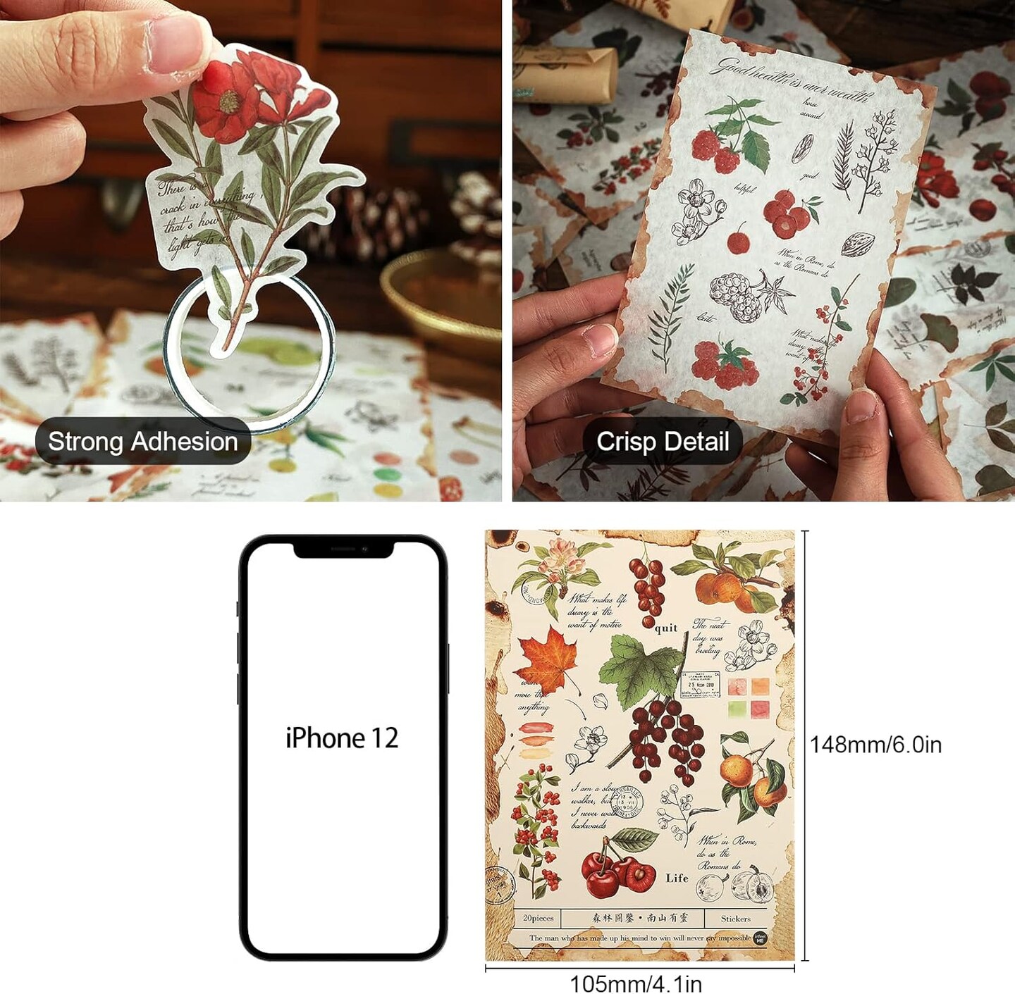 20 Sheets Nature Botanical Scrapbook Stickers - Leaf and Fruit (200 Pieces)