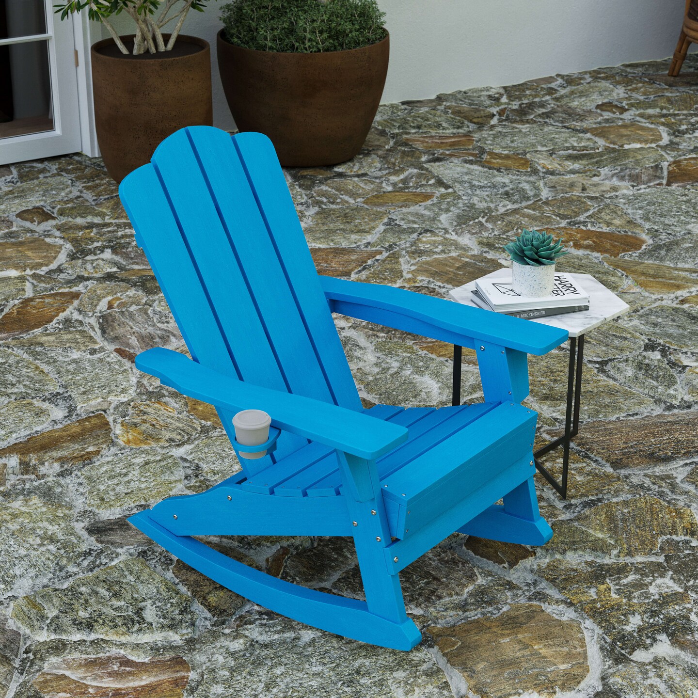 Merrick Lane Ridley HDPE Adirondack Chair with Cup Holder and Pull Out Ottoman, All-Weather HDPE Indoor/Outdoor Chair