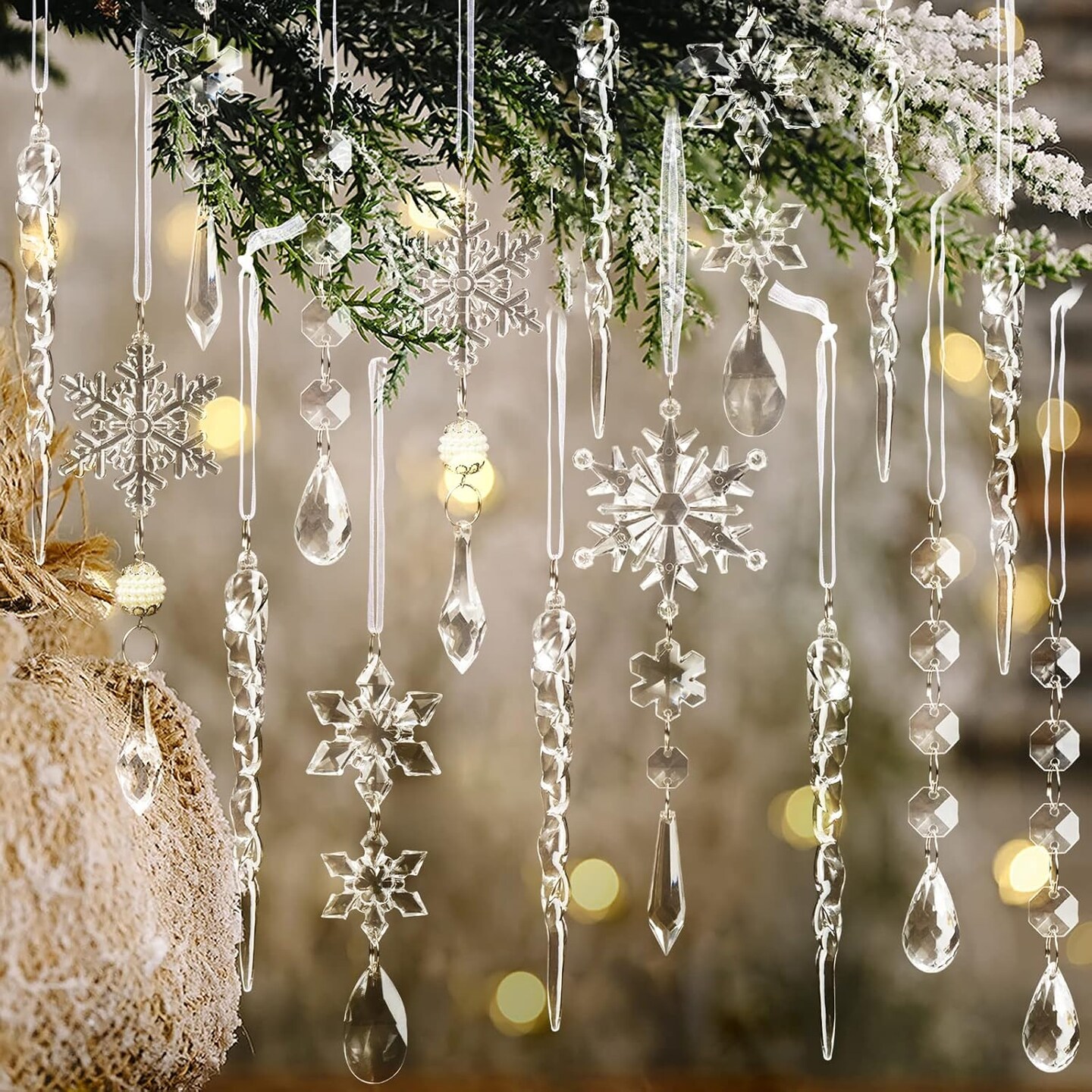 18-Piece Christmas Tree Crystal Ornaments – Hanging Acrylic Snowflake & Icicle Drops for Xmas Tree, Winter, and New Year Party Decor