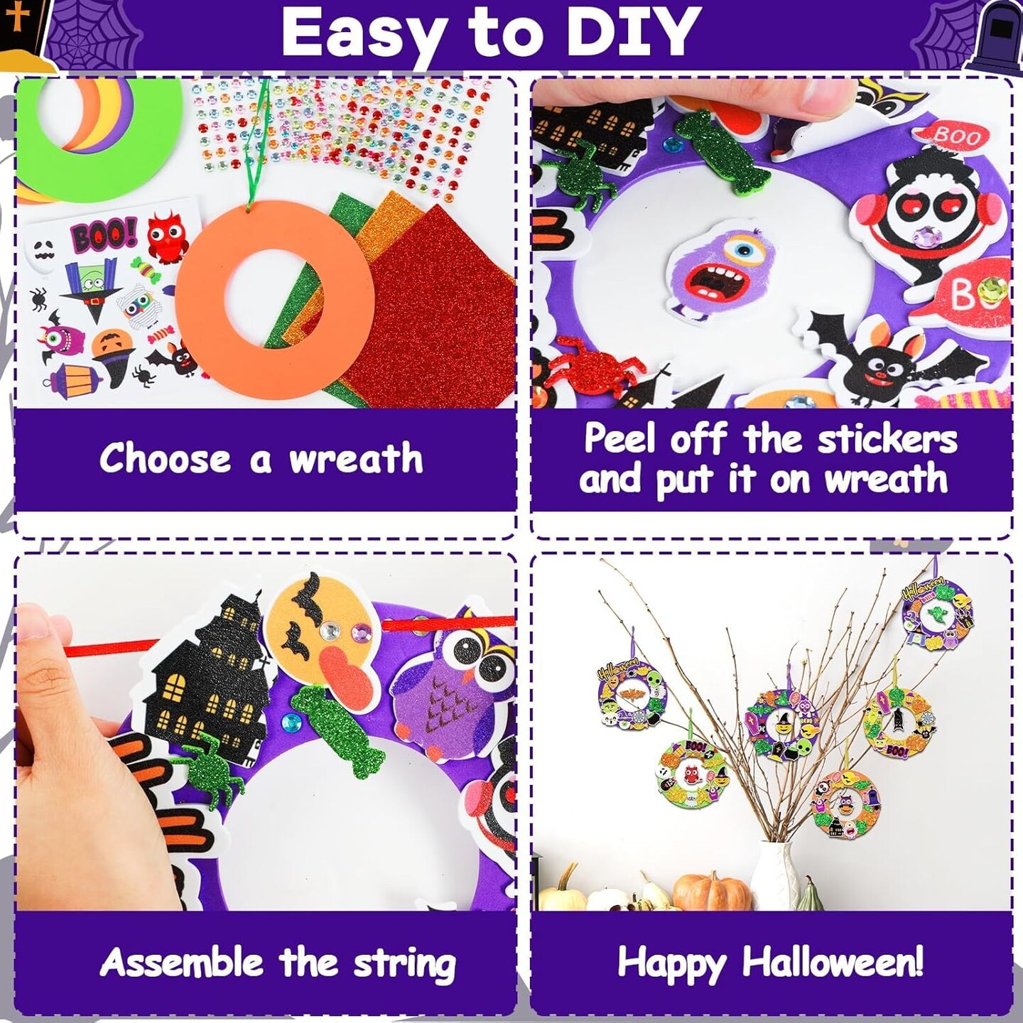 Jack-O-Lantern Ghost Spider Bat Monster Stickers Craft Kit for Kids
