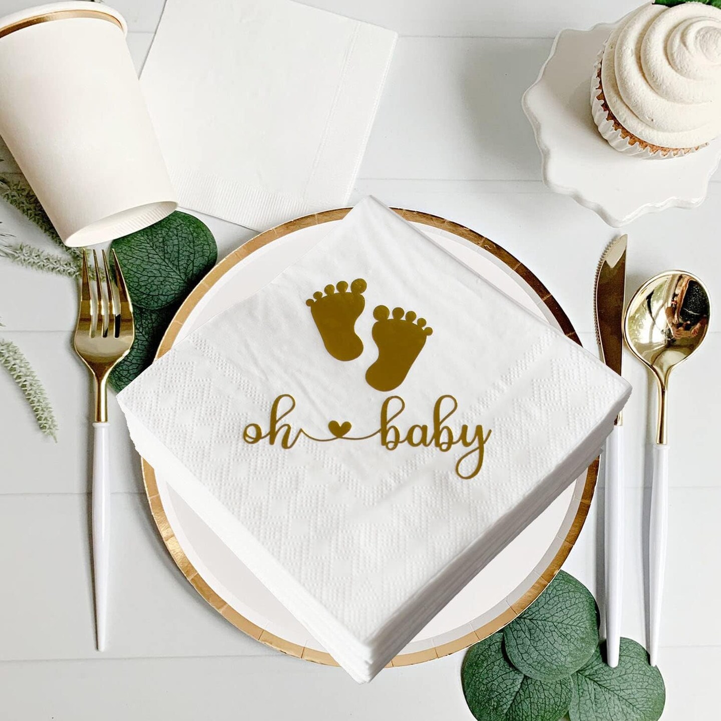 Pack of 50 Baby Shower Oh Baby Napkins 3 Ply (White & Gold) 10 x 10 inches