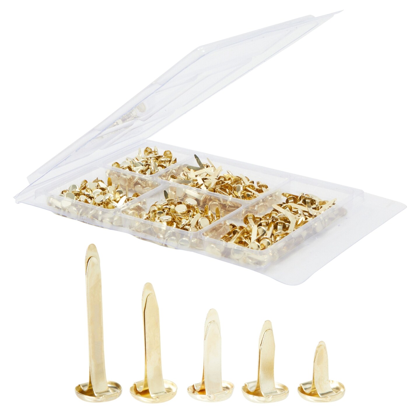 Juvale Mini Flat Head Paper Brads for Crafts - 500 Piece, 5 Sizes (0.37-1 in), Gold Brass Split Pins - Assorted Paper Fasteners & Brad Pins with Foldable Backs