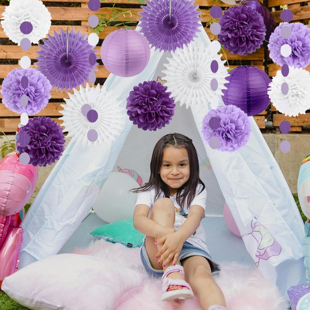 Purple White Lavender Party Decorations Paper Fans Paper Pom Pom Flowers Lanterns Baby Bridal Shower Wedding Bachelorette Graduation