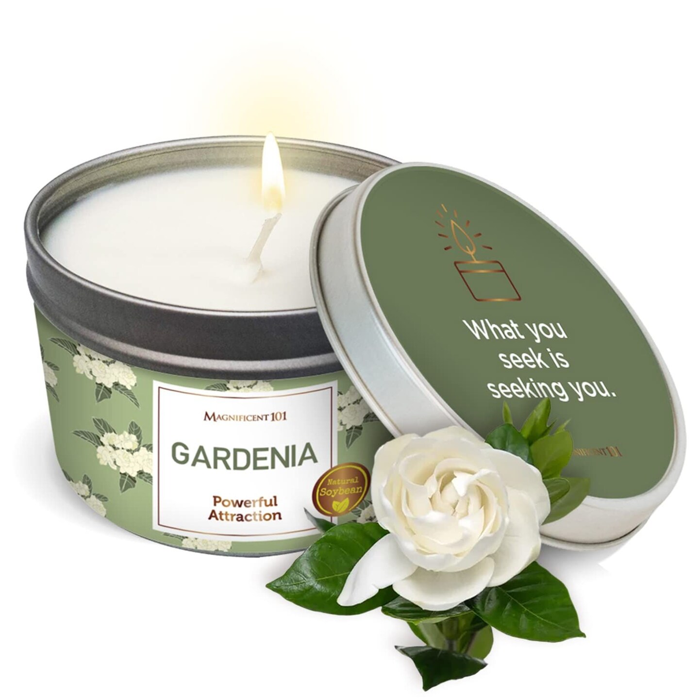 Magnificent 101 Long Lasting Flower Tin Candles with Gardenia Scented | 6 Oz - 35 Hour Burn | Made of Natural Soy Wax for Manifestation, Purification, Chakra Healing & House Energy Cleansing
