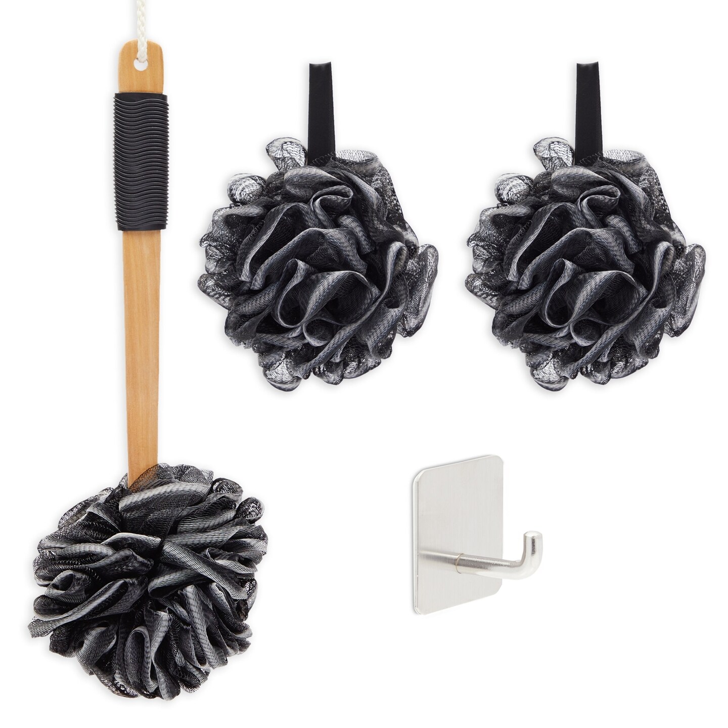 Loofah Bath Set with 1 Loofah on A Stick, 2 Sponge Poufs, and 1 Shower Hook