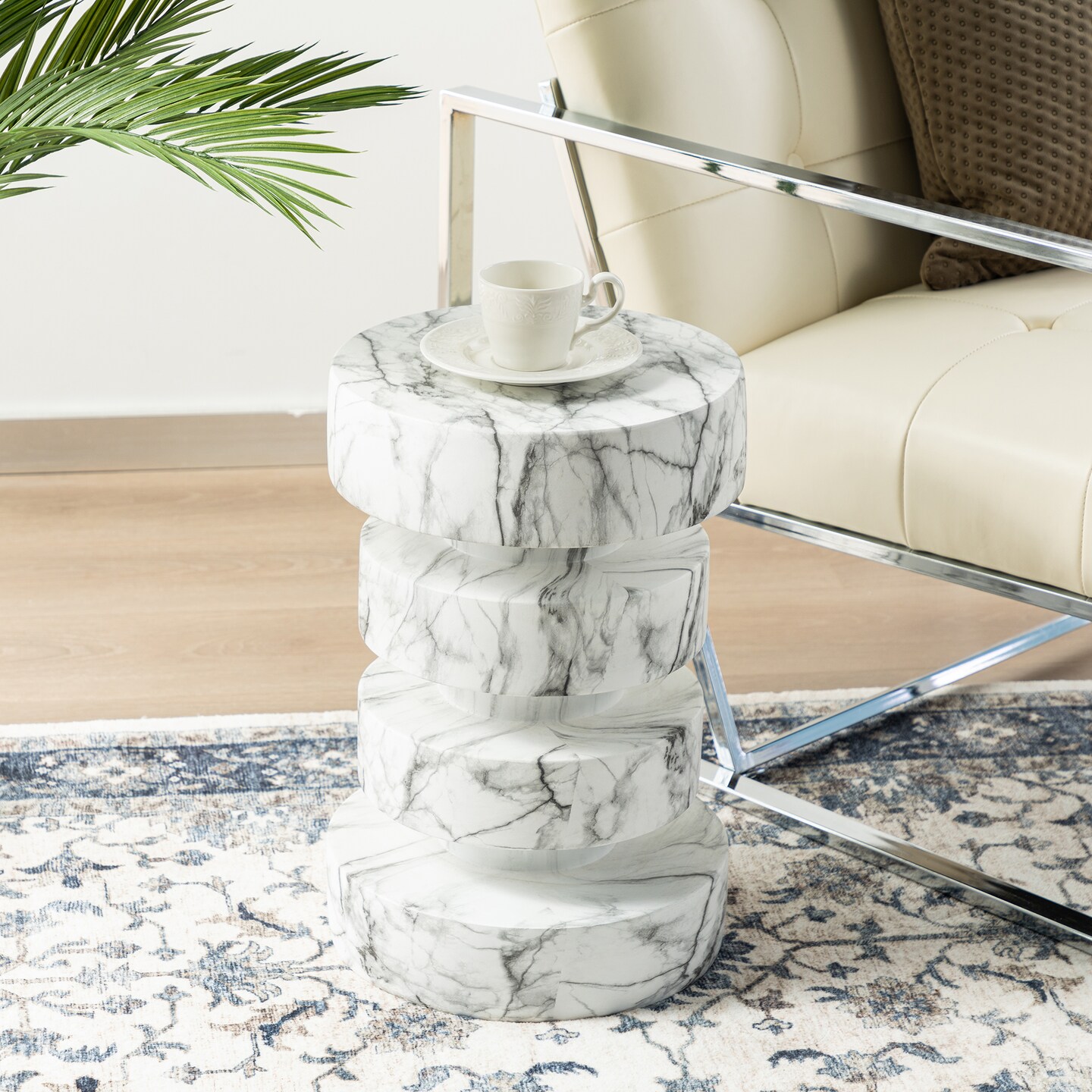 18"H Modern MGO Faux Marble Floating Disks Side Table or Accent Stool