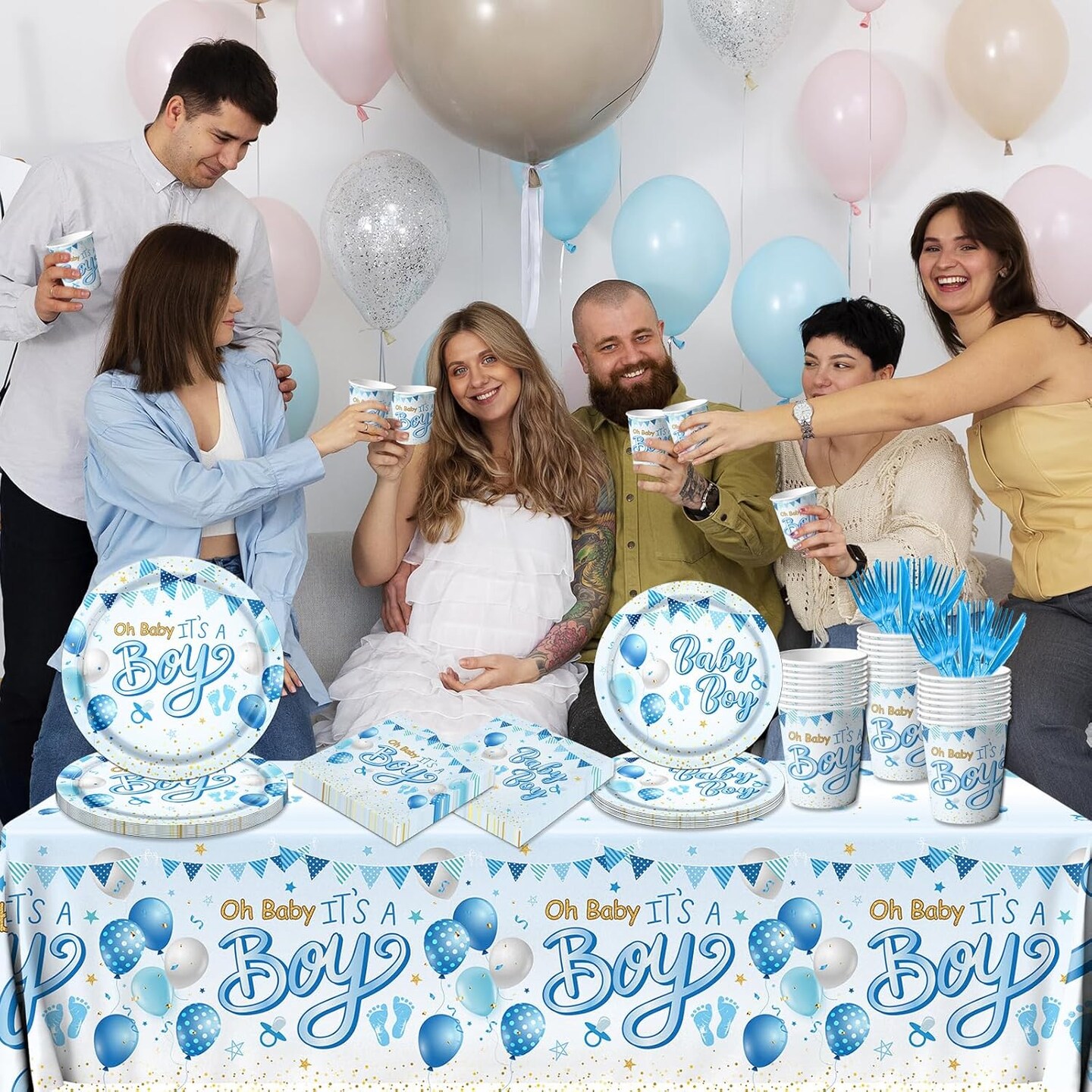 It's a Boy Baby Shower Party Supplies with Baby Boy Plates Napkins Cups Banner Tablecloth