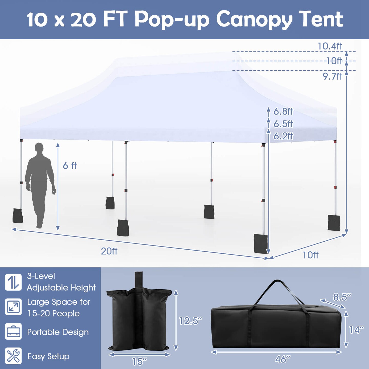Costway 10 x 20 FT Pop-up Canopy UPF50+ Sun Protection Tent with Carrying Bag Blue/Black/Grey/White/Pink