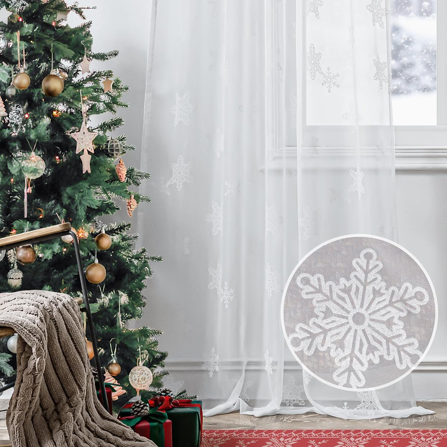 White Sheer Snowflake Christmas Curtains