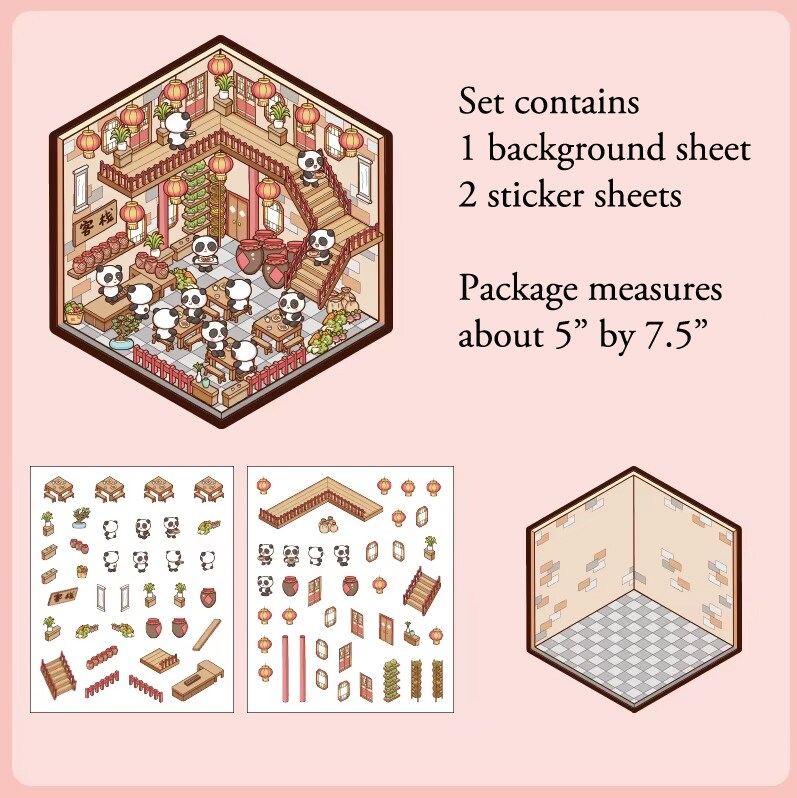 Panda Restaurant Isometric Sticker Scene, DIY Sticker Activity, Adorabilities