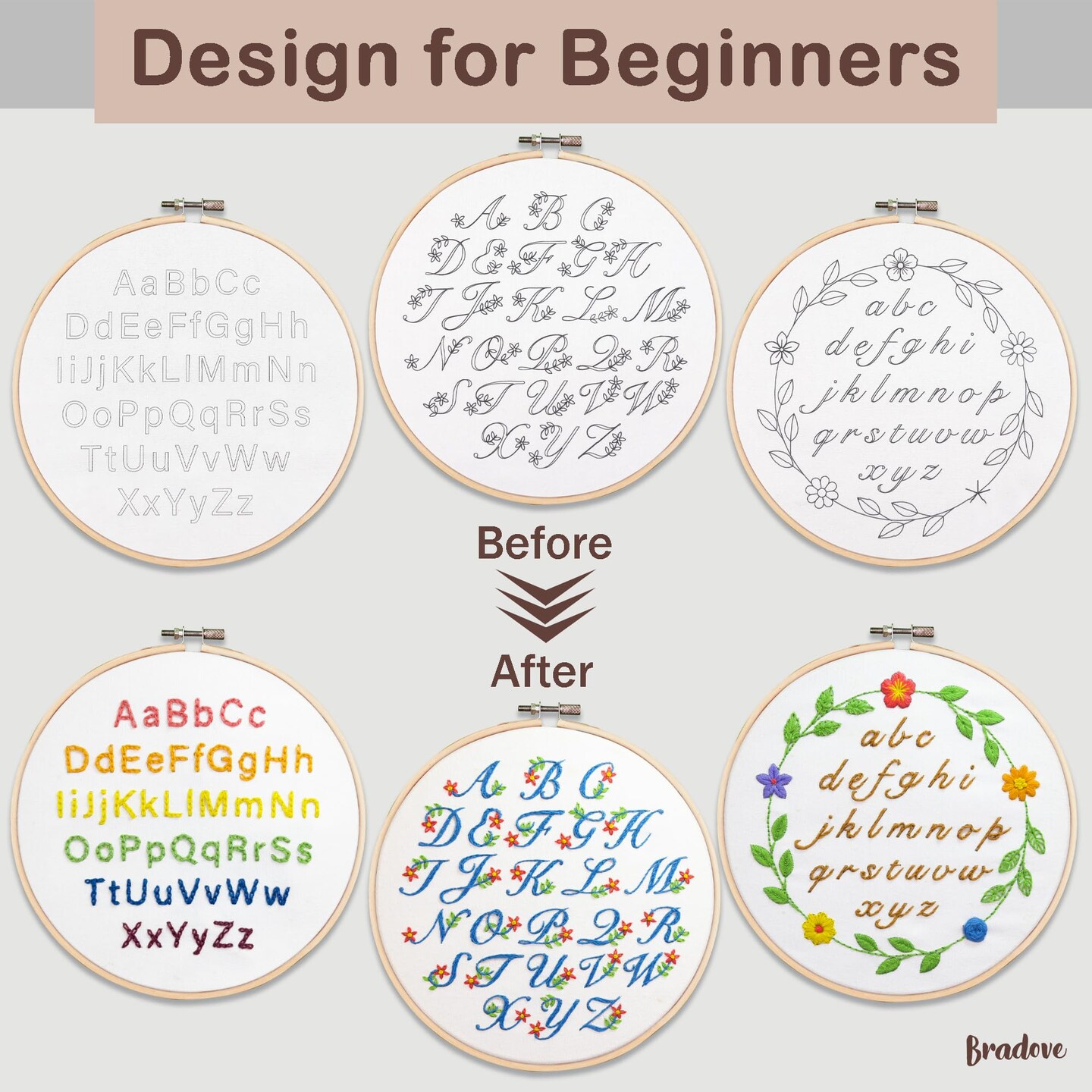 Bradove 3 Sets Alphabet Letter Practice Embroidery Kit for Beginners Adults Kids with Embroidery Patterns, Learn to Embroider Kit Adult Beginners
