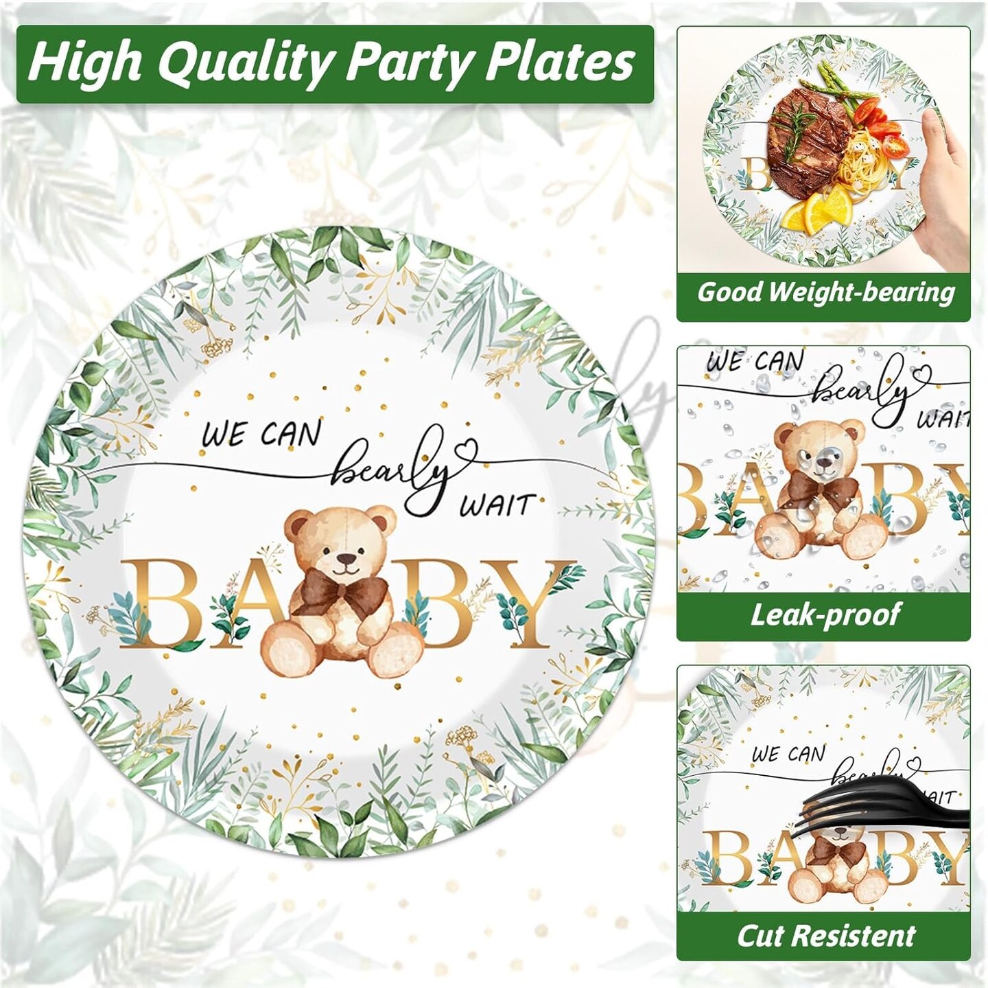 200PCS Sage Green Bear Baby Shower Decoration Teddy Plates, Serves 50 (Green)