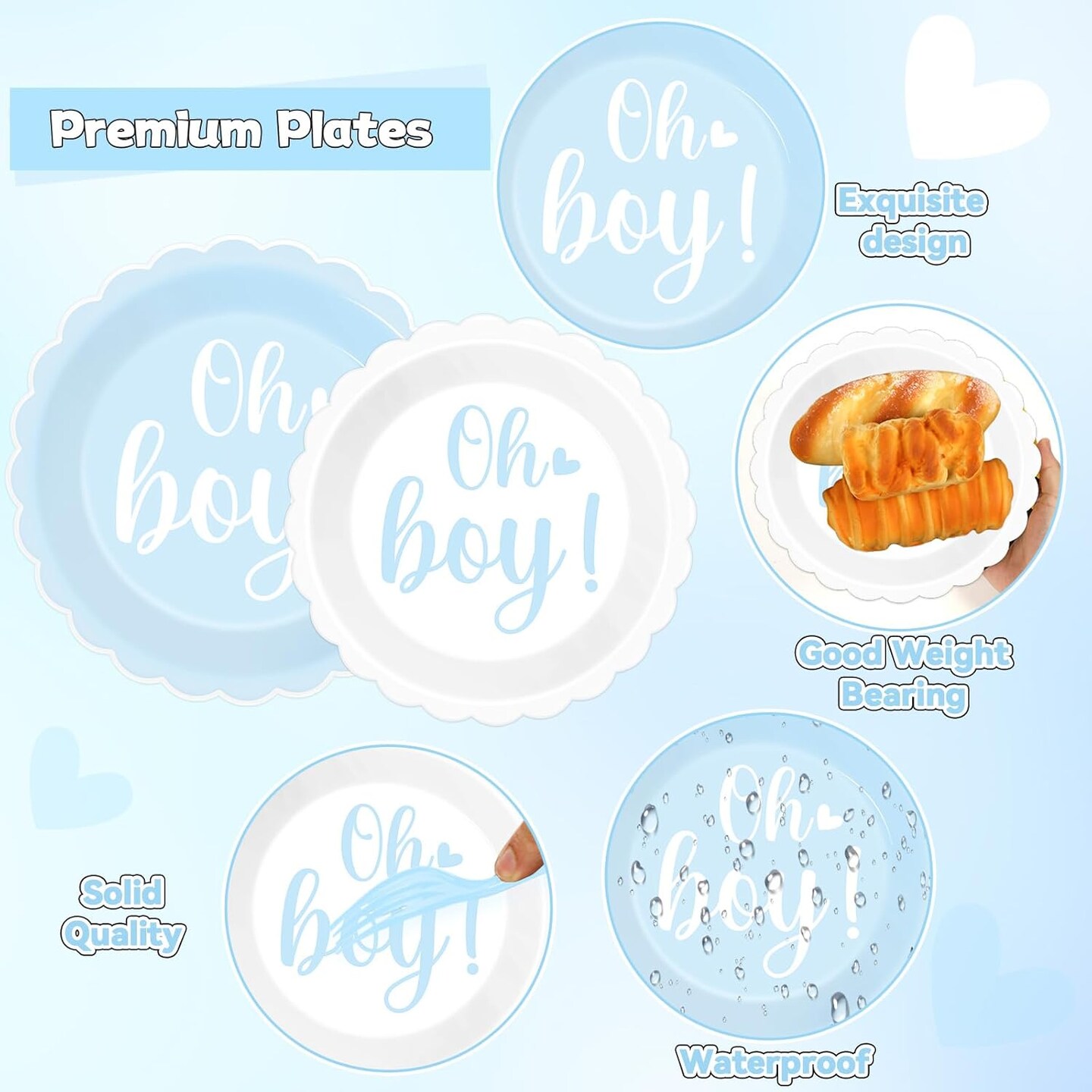 96PCS Oh Boy Baby Shower Decorations Blue Foil Scalloped Paper Plates Napkins