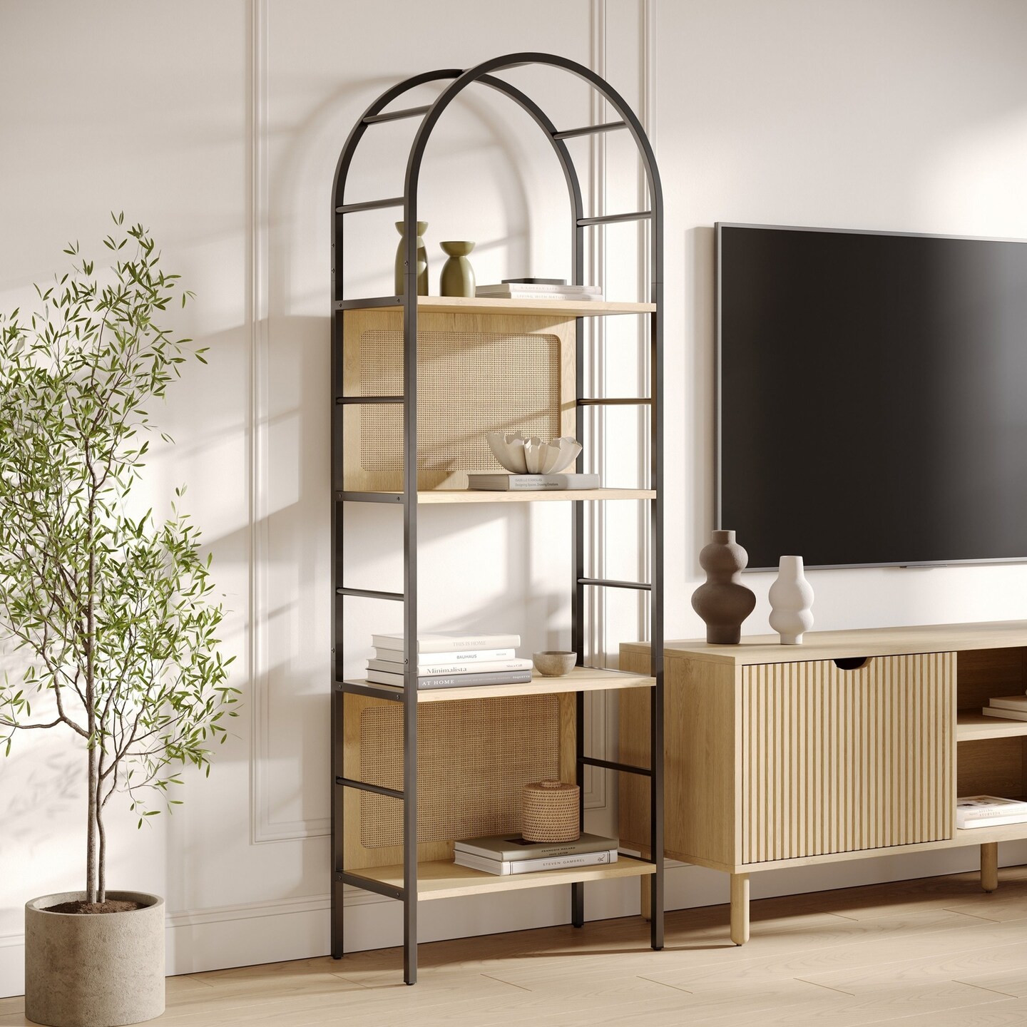 4 Tiered Arched Bookshelf with Natural Rattan Backing - Modern Home Decor - Boho Rattan Arch Bookcase - Wooden Open Arched Cabinet with Shelves - Metal and Wood Bookshelf (Light Oak)