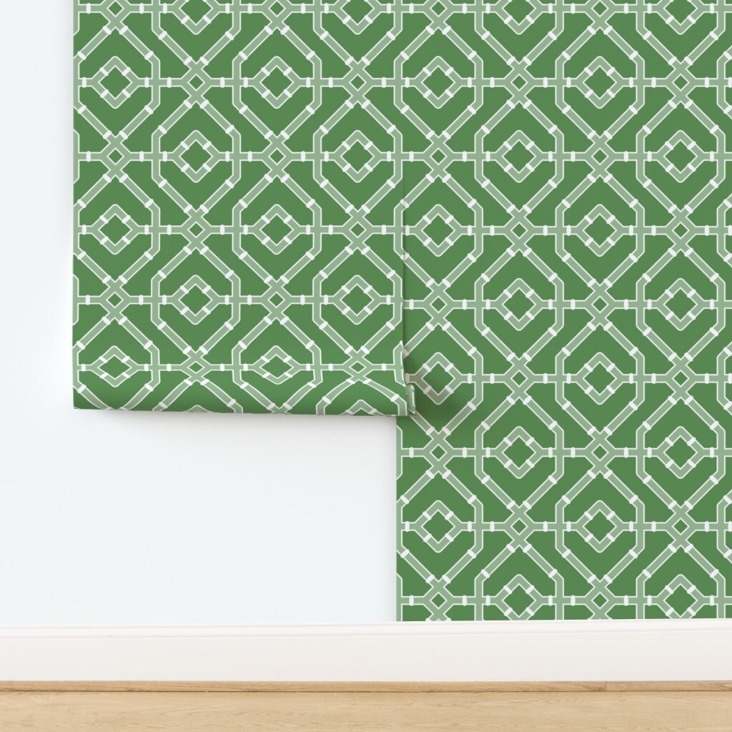 Preppy Grandmillennial Trellis Bamboo Maximalism Chinoiserie Geometric Green And White Glam Southern Coastal Tropical Custom Removable Wallpaper by Spoonflower Peel & Stick Wallpaper 2FT Wide