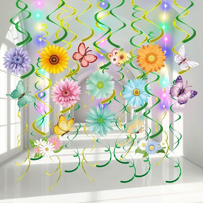 33pcs Spring Hanging Decorations for Home - Flower Butterfly Hanging Swirls with Led Lights for Spring Summer Easter Flower Butterfly Themed Birthday Party Decorations