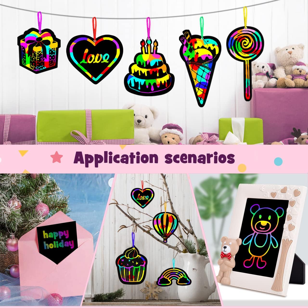 Rainbow Scratch Art Kit for Girls – 30-Piece Magic Drawing Set with Styluses, Ribbons, Stencils & Cute Shapes, Fun DIY Craft Activity for Ages 3–12