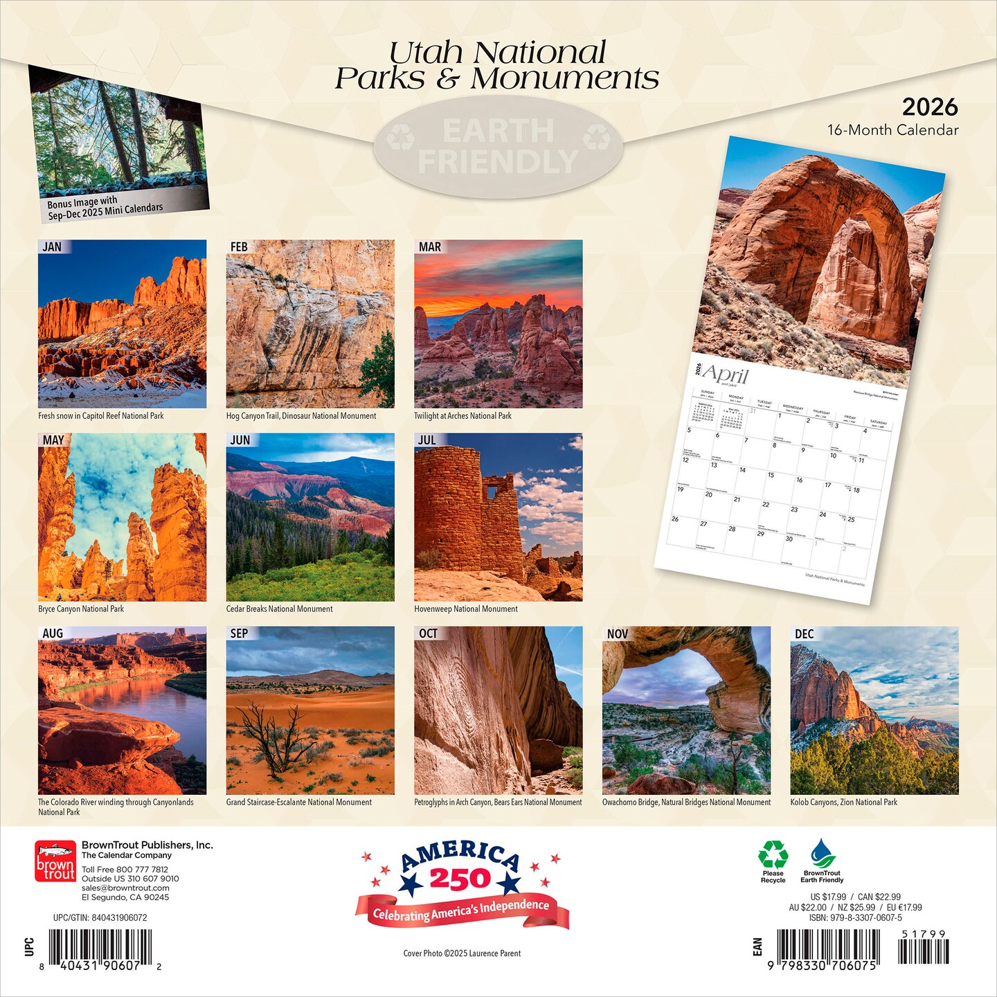 Utah National Parks & Monuments | 2026 12 x 24 Inch (Hanging) Monthly Square Wall Calendar | Plastic-Free