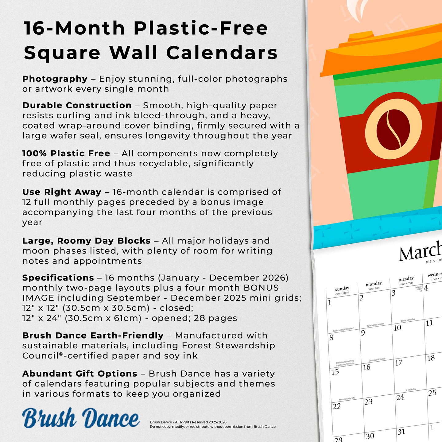 But First Coffee | 2026 12 x 24 Inch (Hanging) Monthly Square Wall Calendar | Plastic-Free