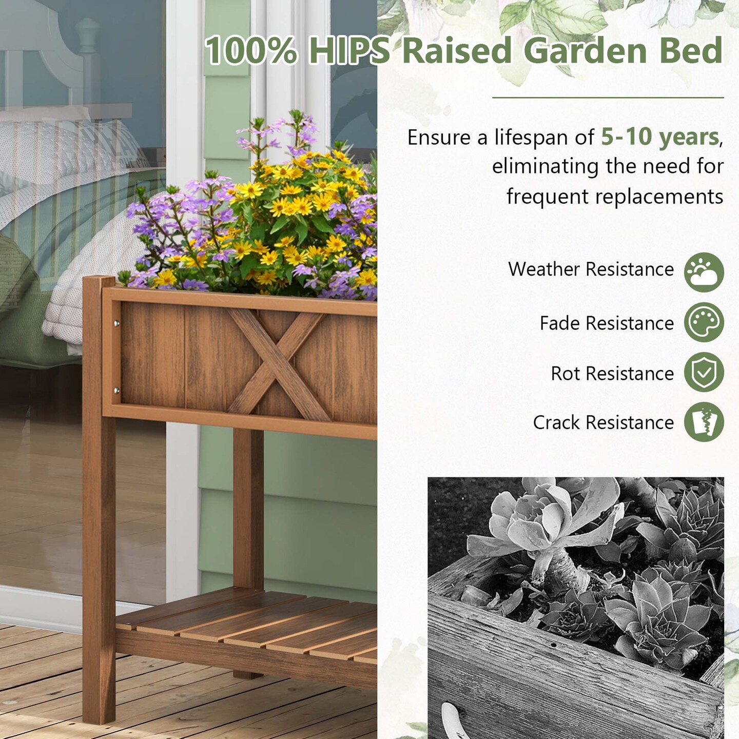 Costway HIPS Raised Garden Bed Poly Wood Elevated Planter Box with Legs, Storage Shelf Blue/Coffee/Black