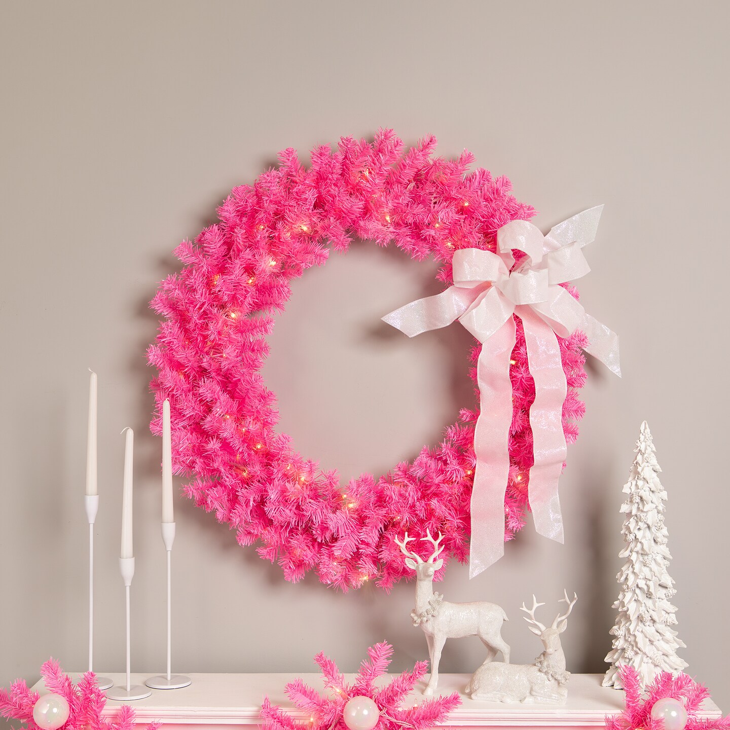 Northlight Pre-Lit Artificial Pine Christmas Wreath - 36" - Pink - Clear Lights