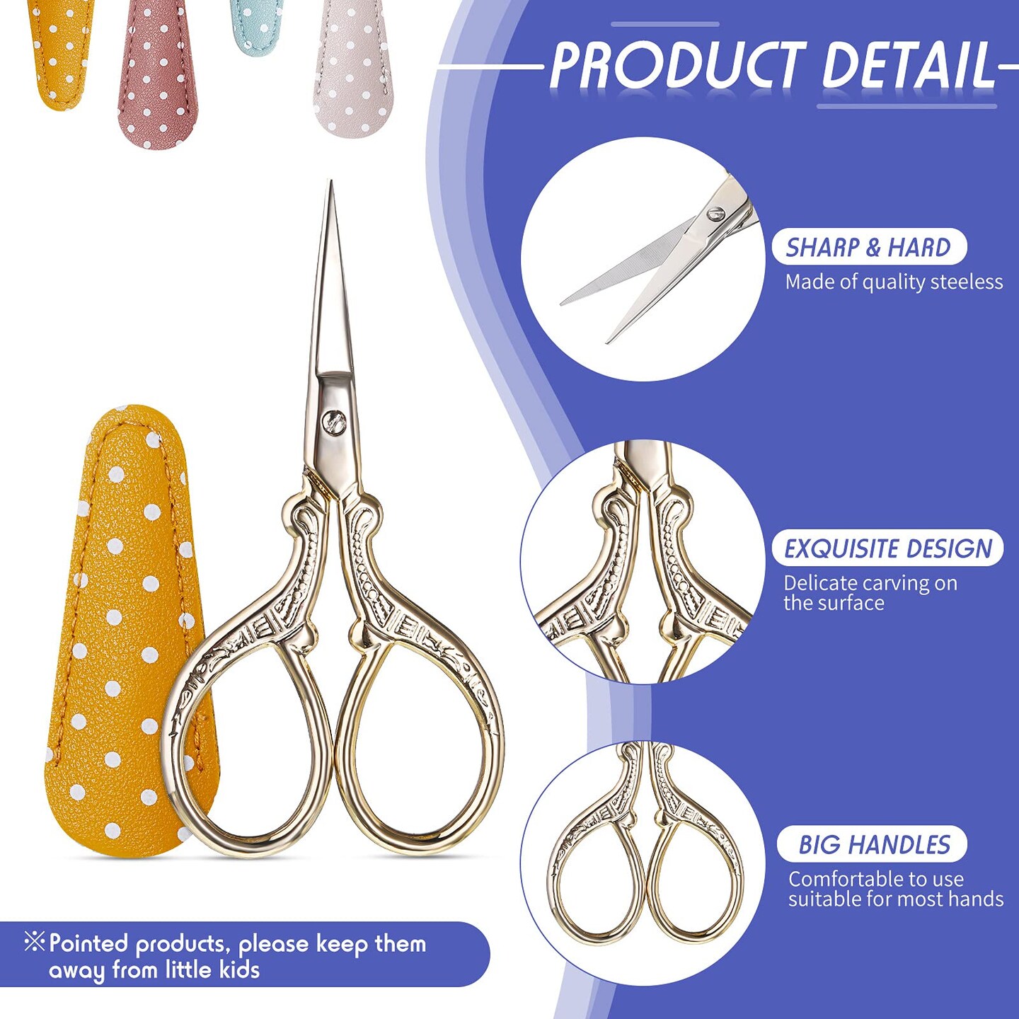 4 Pcs Sewing Embroidery Scissors with 4 Pcs Artificial Leather Cover 3.6 Inch Stainless Steel Stork Scissors Vintage Embroidery Scissors for Needlework, Manual Sewing Handicraft (Retro Colors)