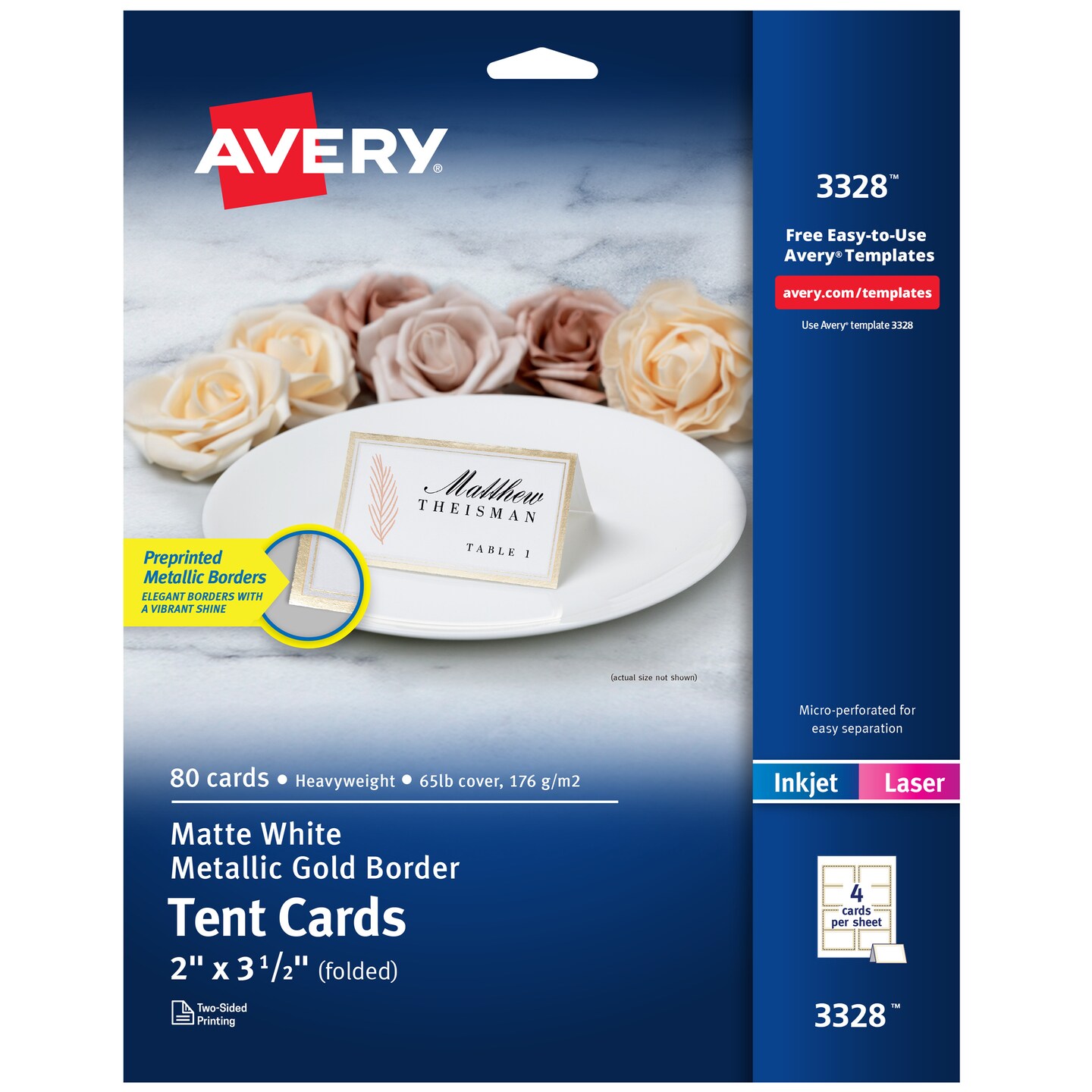 Avery Printable Tent Cards, 2" x 3.5", White with Metallic Gold Borders 80 Blank Place Cards for Laser or Inkjet Printers (3328)