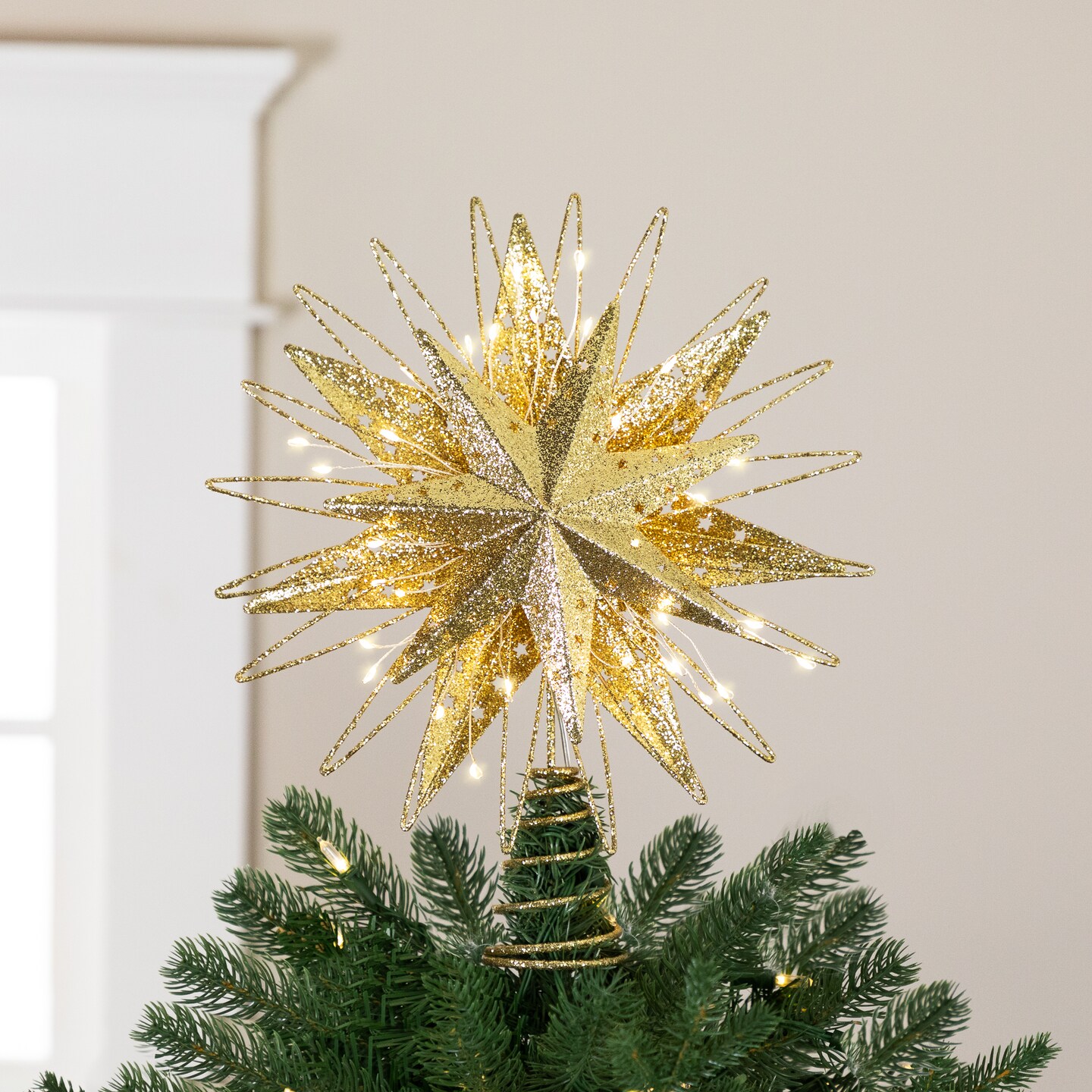 Northlight LED Lighted Glittered Starburst Christmas Tree Topper - 13&#x22; - Gold - White Lights