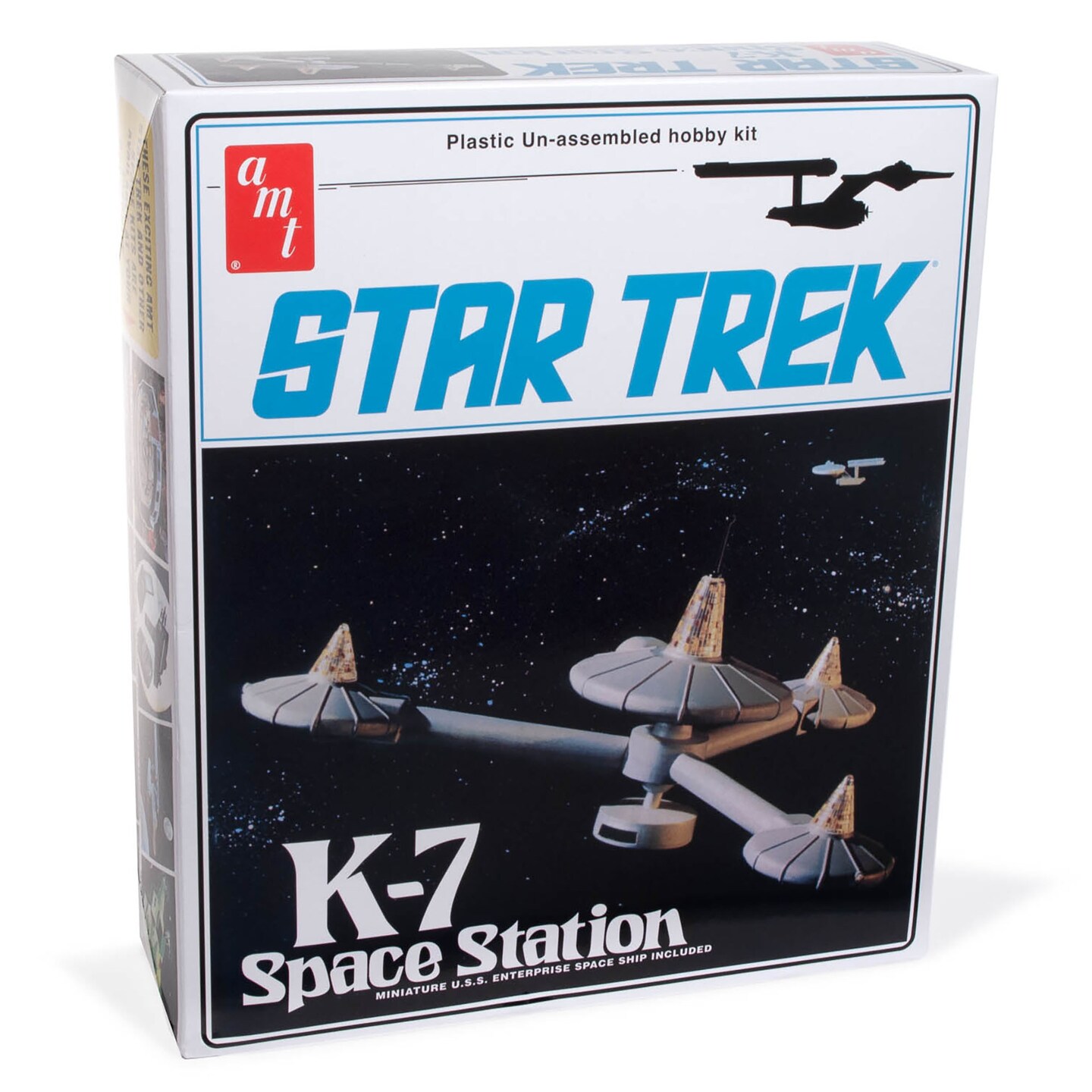 AMT: Star Trek K-7 Space Station - 1:7600 Scale Model Kit -29 Parts, Miniature Ship Included, Classic Hobby Kit, Posable Display Stand, 15x7&#x22;, Age 14+