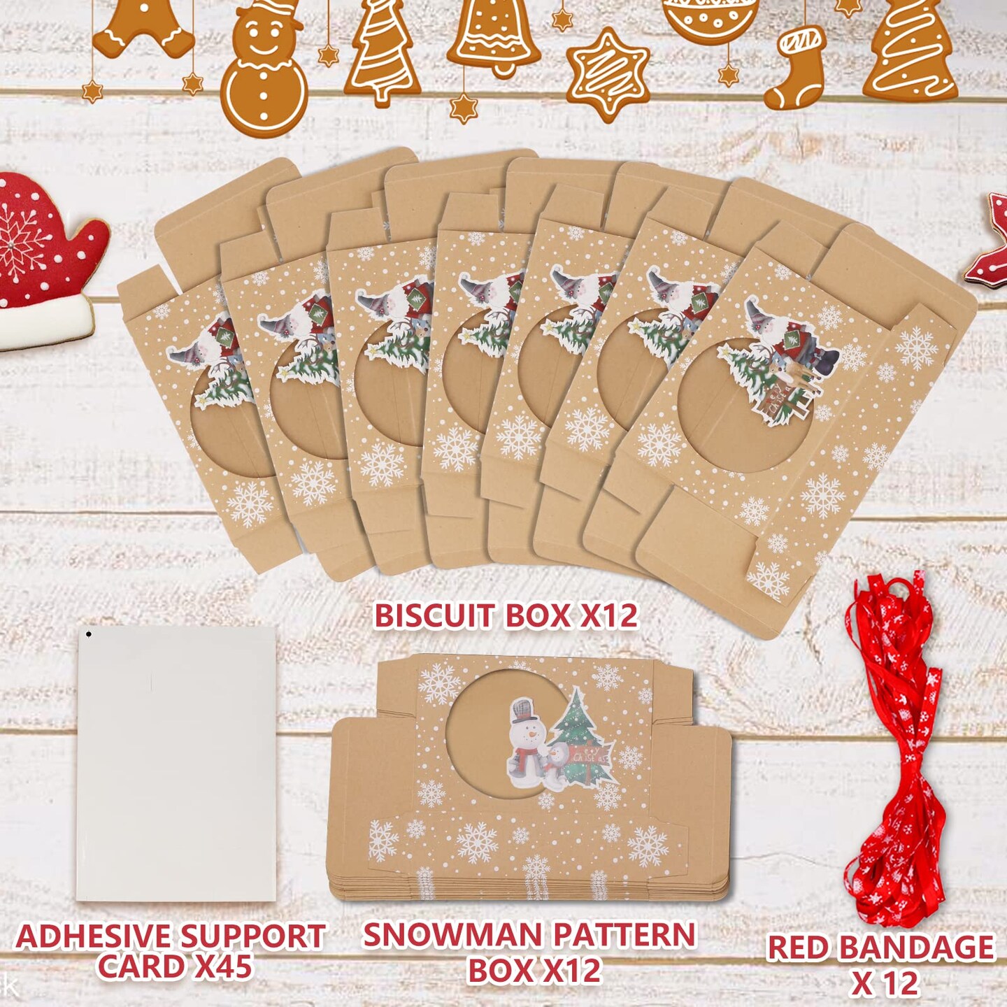 OurWarm 12 Packs Christmas Cookie Boxes with Window, Food Grade Kraft Bakery Boxes with Oilpaper and Ribbons, Cupcake Boxes for Holiday Gift Giving, Christmas Party Favors, Fits 12 Cookies or Cakes