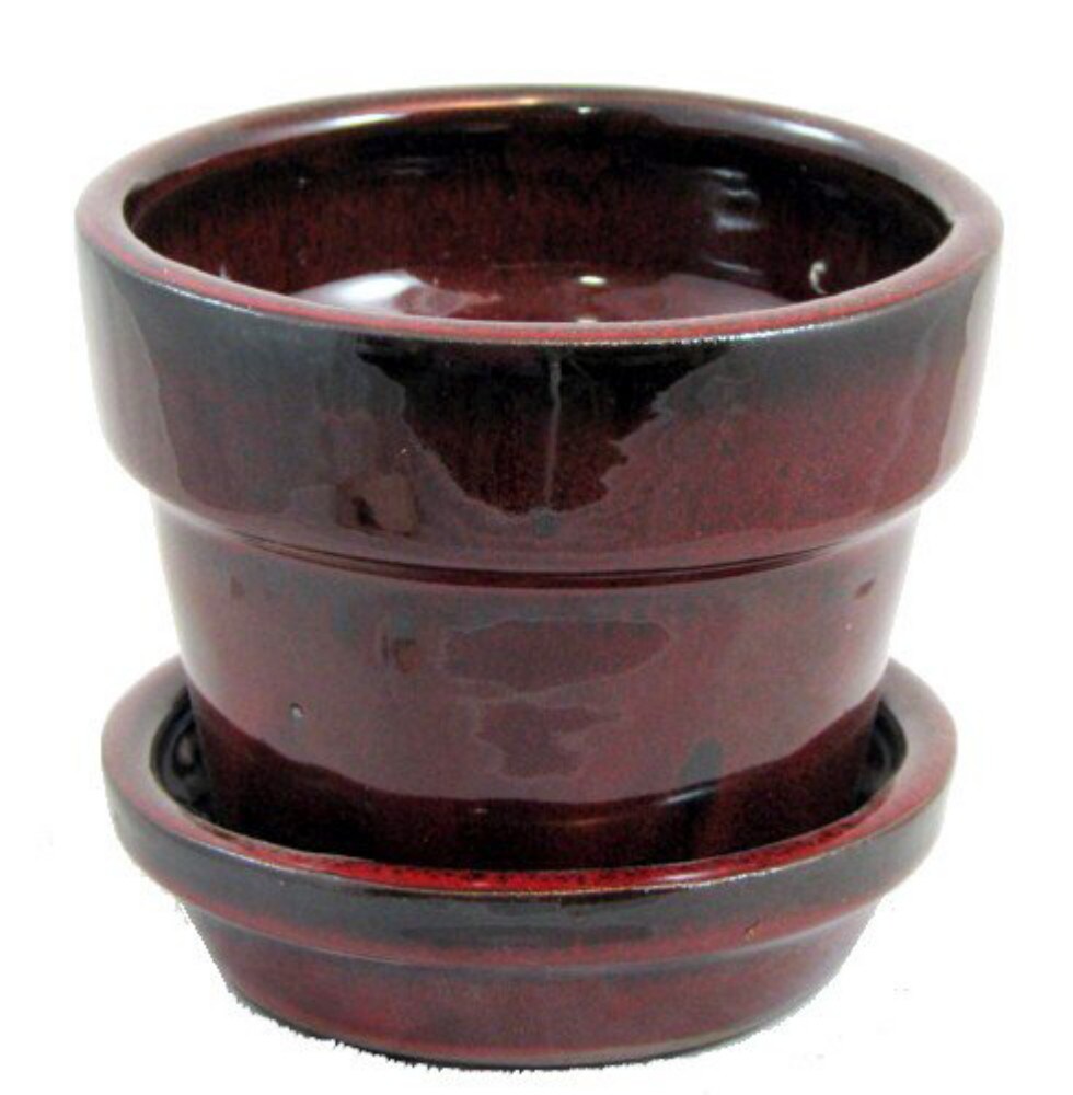 Glazed Ceramic Pot/Saucer - Tropical Red - 4 3/8&#x22; x 4&#x22; - #11930