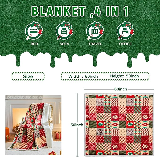 Christmas Throw Blanket, Winter Holiday Sherpa Fleece Blanket, Premium Warm Cozy Christmas Blankets and Throws, Christmas Decorations for Bedroom, Gifts for Women, 50&#x22; X 60&#x22;, ChristmasRhombus