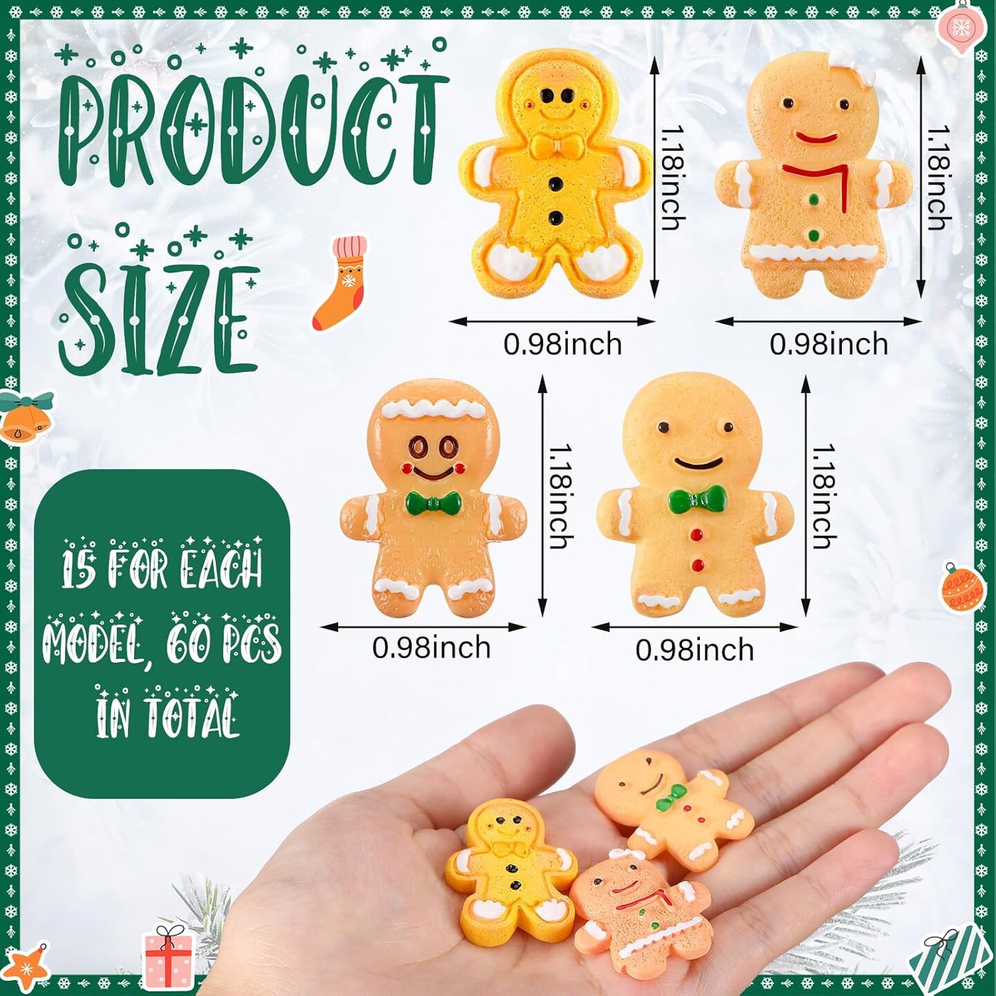 60 Pcs Christmas Miniatures for Crafts Gingerbread Man Christmas Decorations Miniature Christmas Figurines Mini Resin Gingerbread for DIY Crafts Flatback Embellishment(Cute)