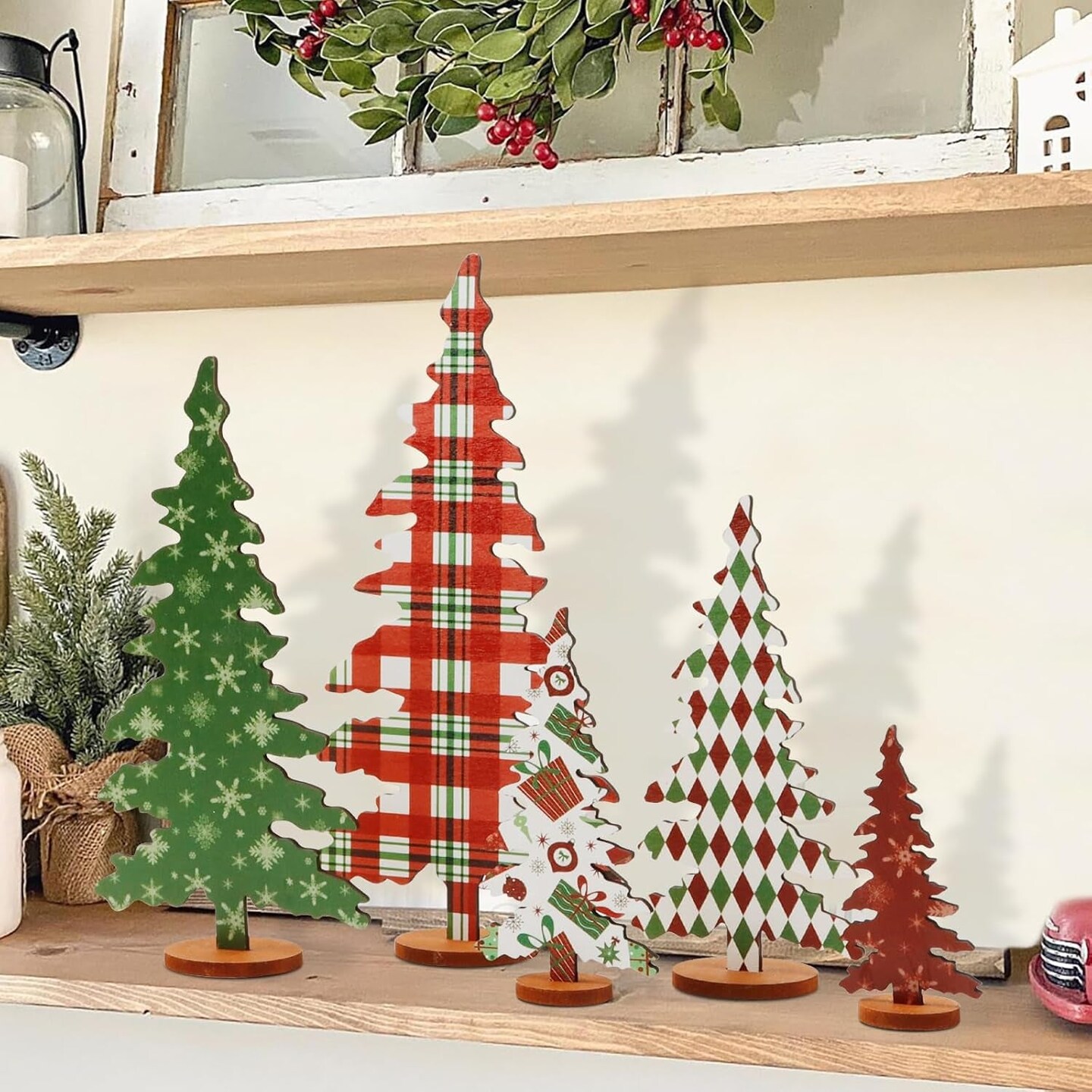 Christmas Decorations Indoor-5 Sizes Wooden Christmas Tree Sign-Christmas Decorations for Home Shelf Mantel Fireplace Table Windowsill Party Decor