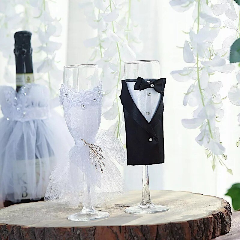 2 pcs 9&#x22; tall Clear Glass Tuxedo and Dress Champagne Wedding Toasting Flutes