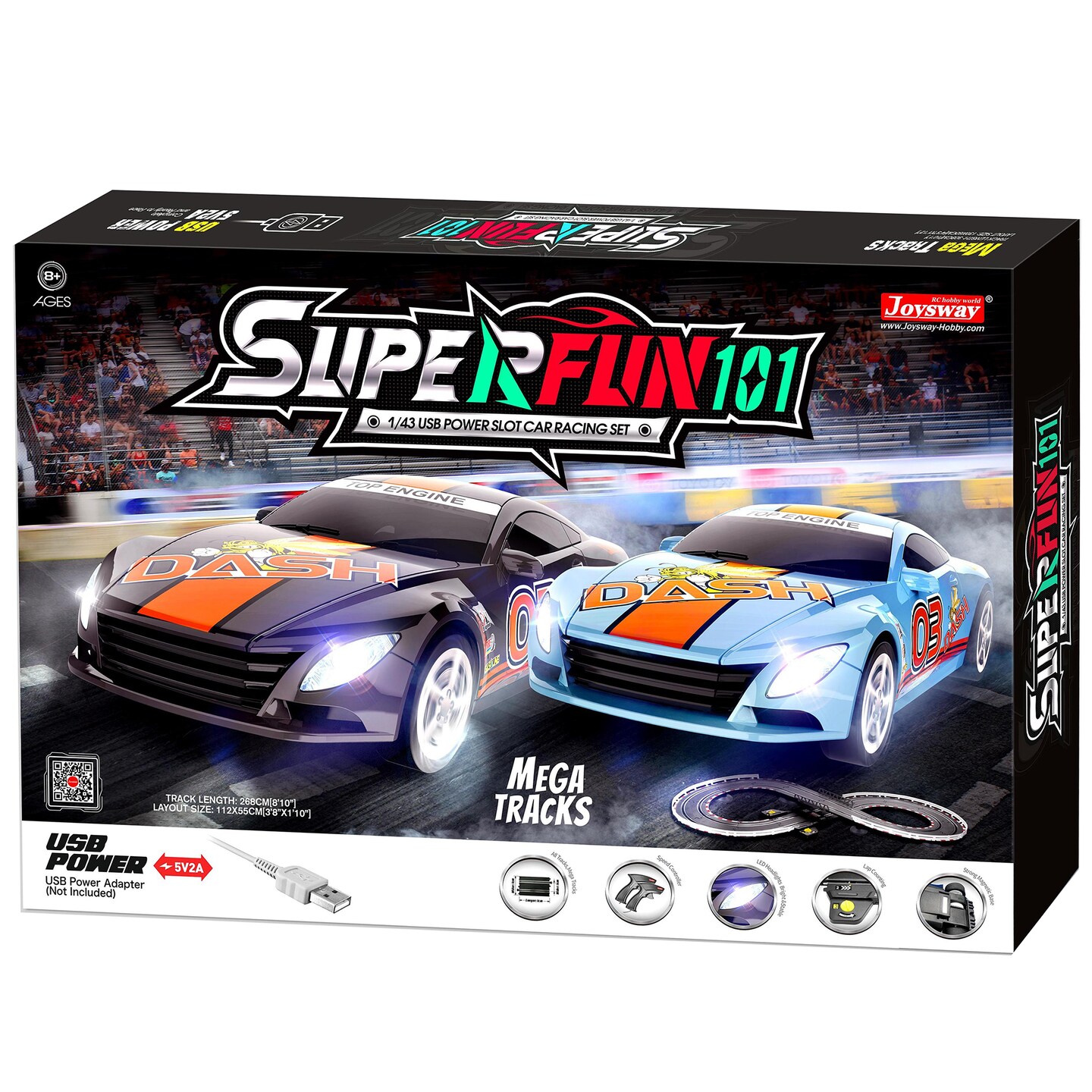 Joysway: SuperFun 101 - 1/43 USB Power Slot Car Racing Set, Layout Size: 44&#x22;x22&#x22;, LED Headlights, Lap Counter, Ages 8+