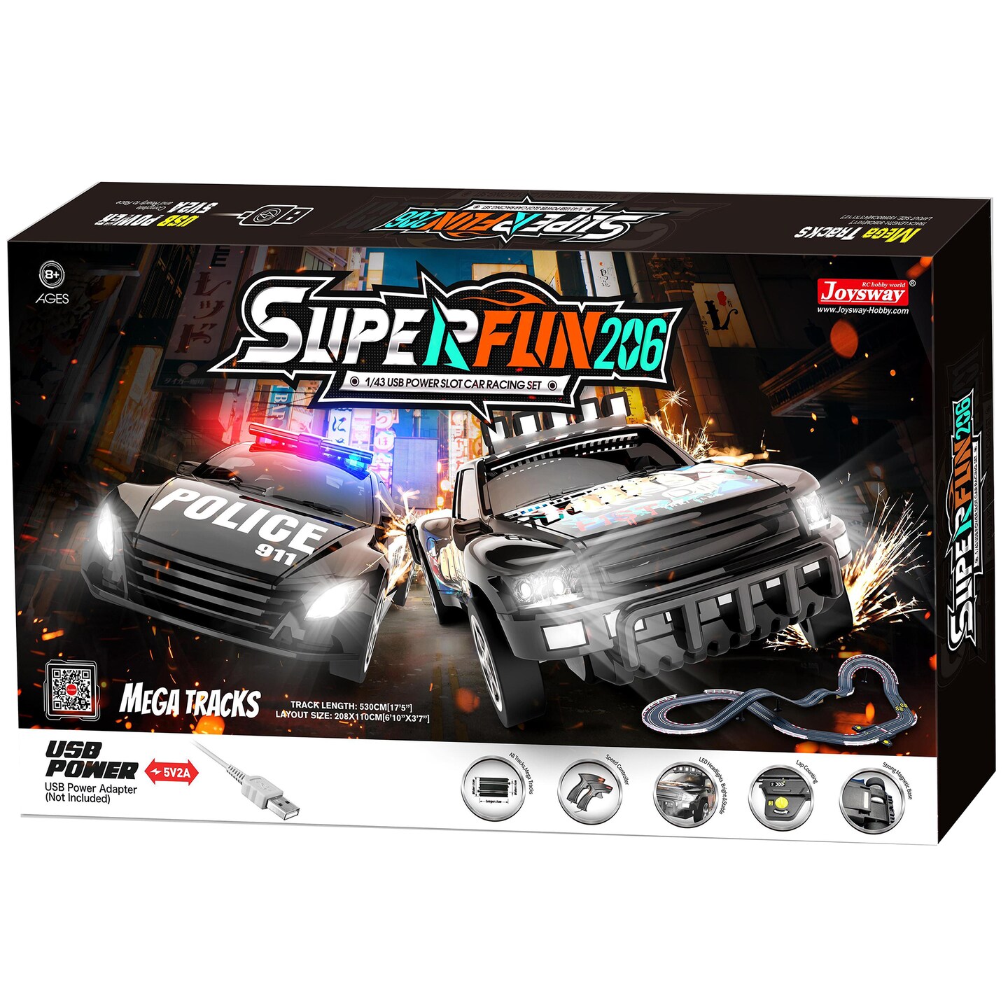 Joysway: SuperFun 206 - 1/43 USB Power Slot Car Racing Set, Layout Size: 82&#x22;x43&#x22;, LED Headlights, Lap Counter, Ages 8+