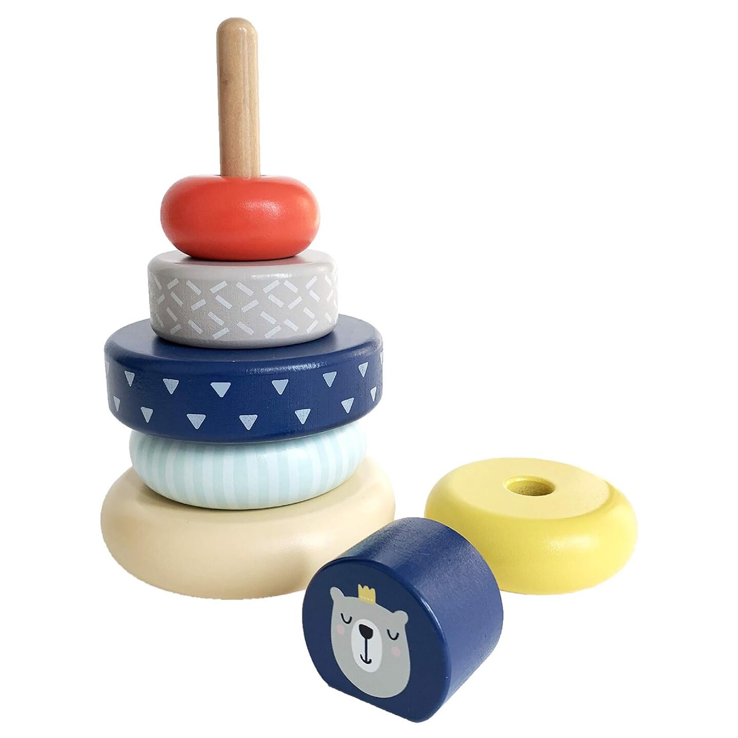 LEO &#x26; FRIENDS: Wooden Stacking Ring Toy - Coloful Tower, Benny The Bear Animal Topper, Sorting, Montessor, Early Development, Baby-Toddler-Kids 12mo+