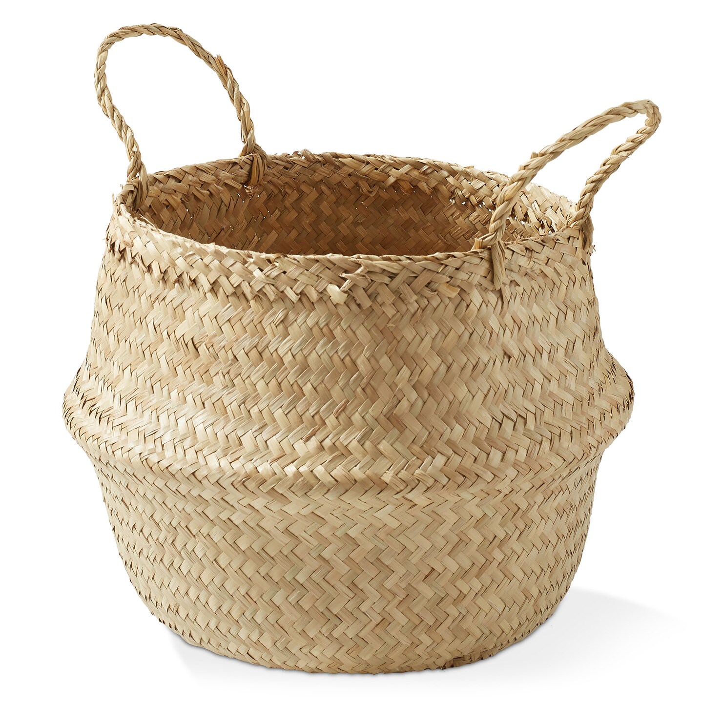 Casafield Seagrass Belly Baskets with Handles, Natural Woven Storage Basket Planters, Round Folding Bins for Home Decor, Indoor Plant Pot Covers