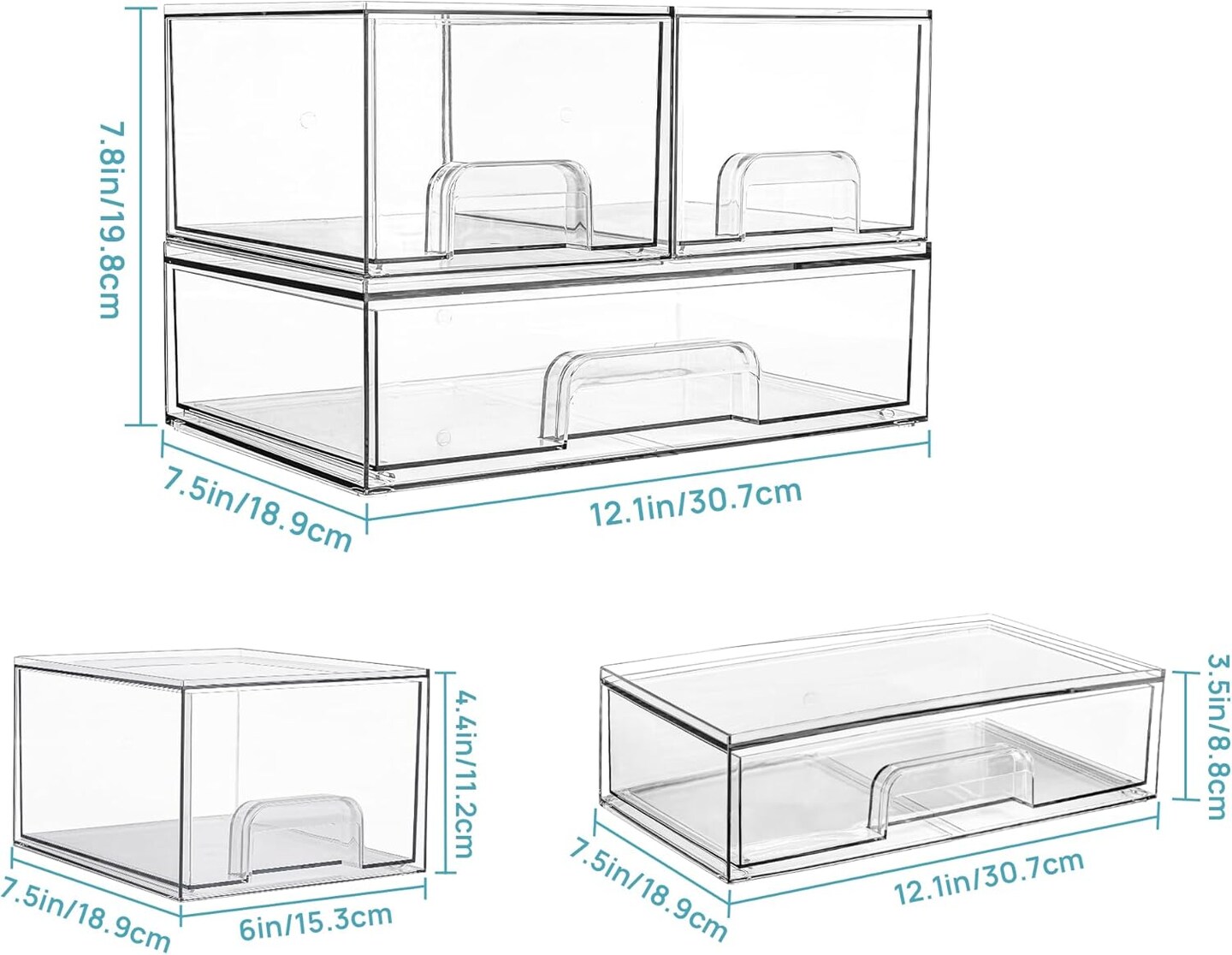 Set of 3 Stackable Plastic Storage Drawers - 2 Small+1 Wide