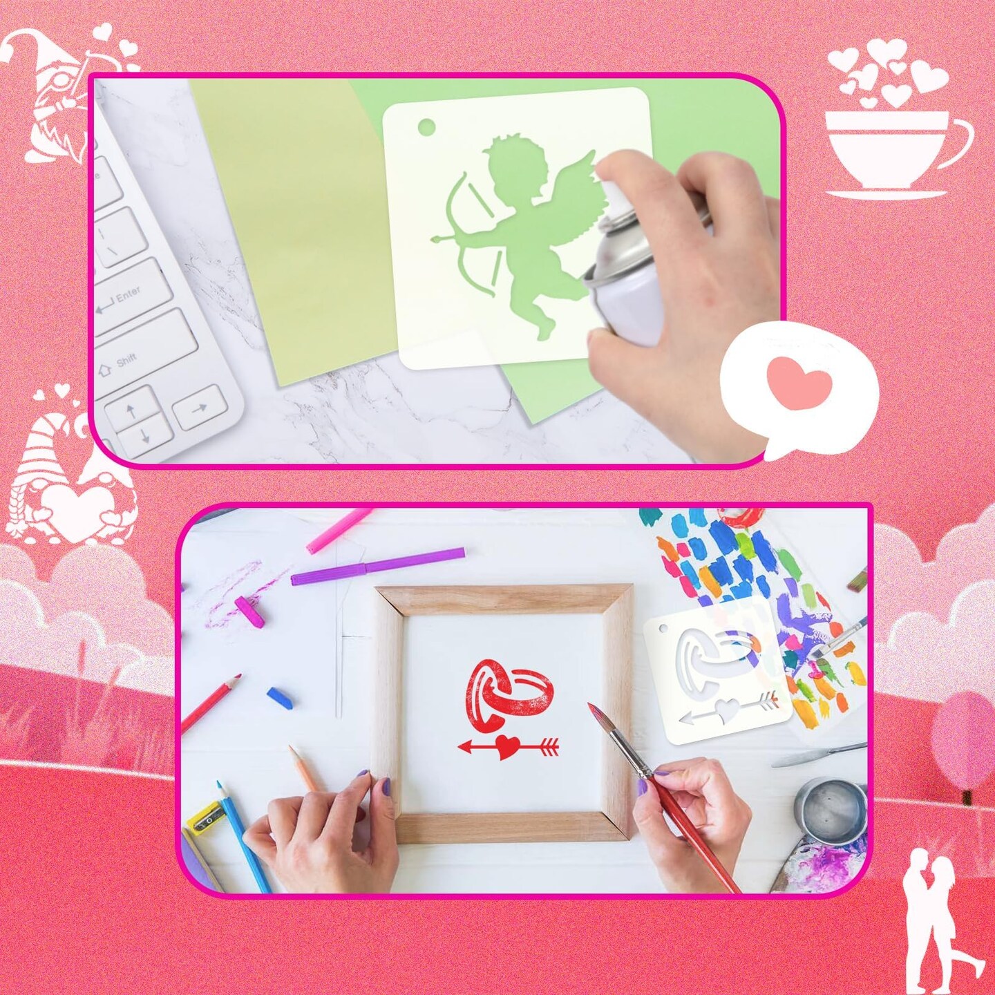 JULMELON Valentine&#x27;s Day Stencils, 20Pcs Valentine Drawing Templates Reusable Plastic Template Stencils for Wall Floor Decor DIY Rock Dot Painting Art Projects (3inch)