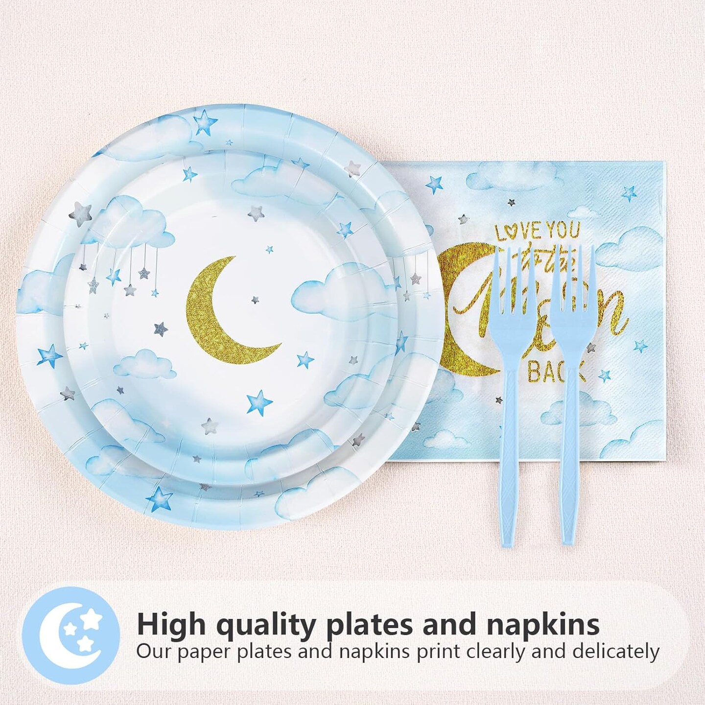 96 Pcs Baby Shower Tableware Set - Plates, Napkins, Forks (Blue)