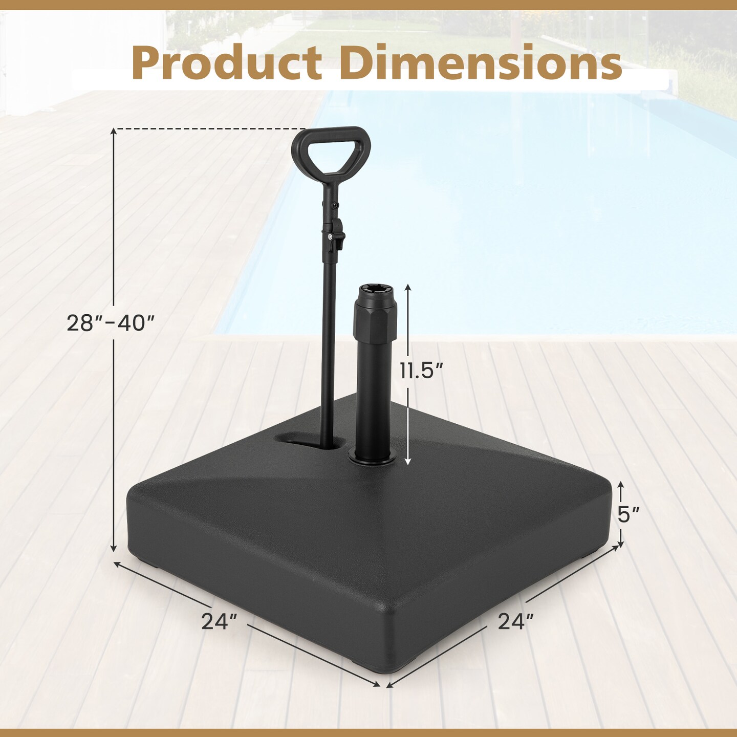 Black Patio Umbrella Base with Retractable Wheels, Adjustable Height and Multi-Adapters