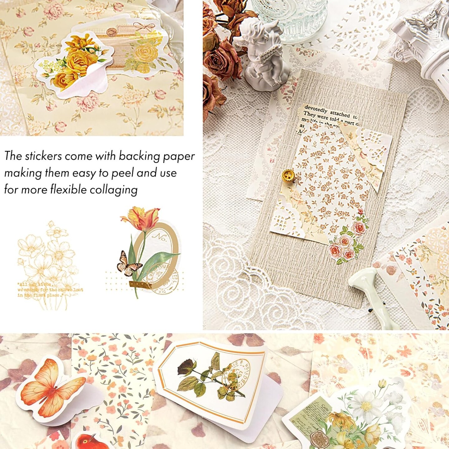 400pcs Vintage Floral Scrapbook Paper & Journaling Stickers Assorted Set (Four Season Flower) 6.3 x 4.3 x 0.04 inches