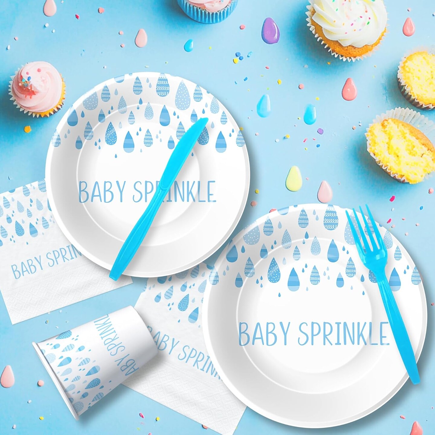 Blue Raindrop Sprinkle Baby Shower Tableware - Serves 24