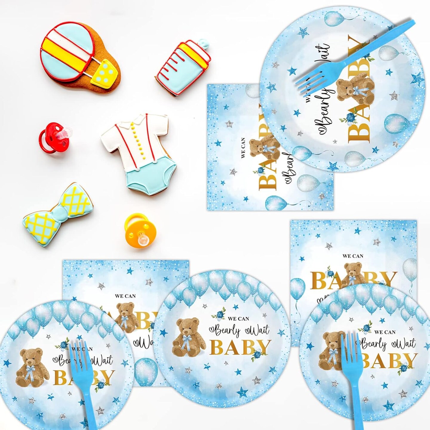 96pc "We Can Bearly Wait" Baby Shower Tableware Set (Serves 24) - Teddy Bear, Balloon & Star Plates, Napkins & Blue Forks - Premium Disposable Dinnerware for Boys & Gender Reveal Party Decorations