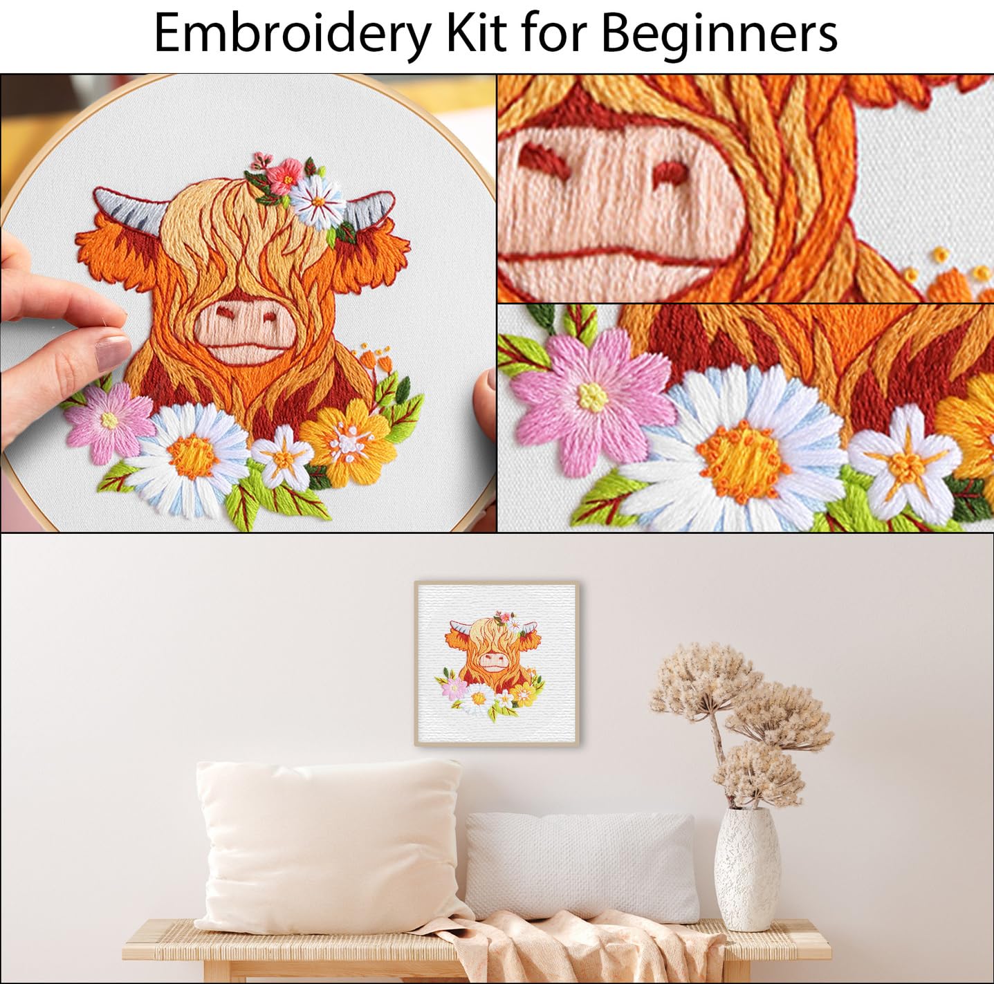 Highland Cow Embroidery Kits for Beginners,Cross Stitch Kit for Adults,DIY Needlepoint for Starters Including Cloth Hoop Needles Instruction and Threads